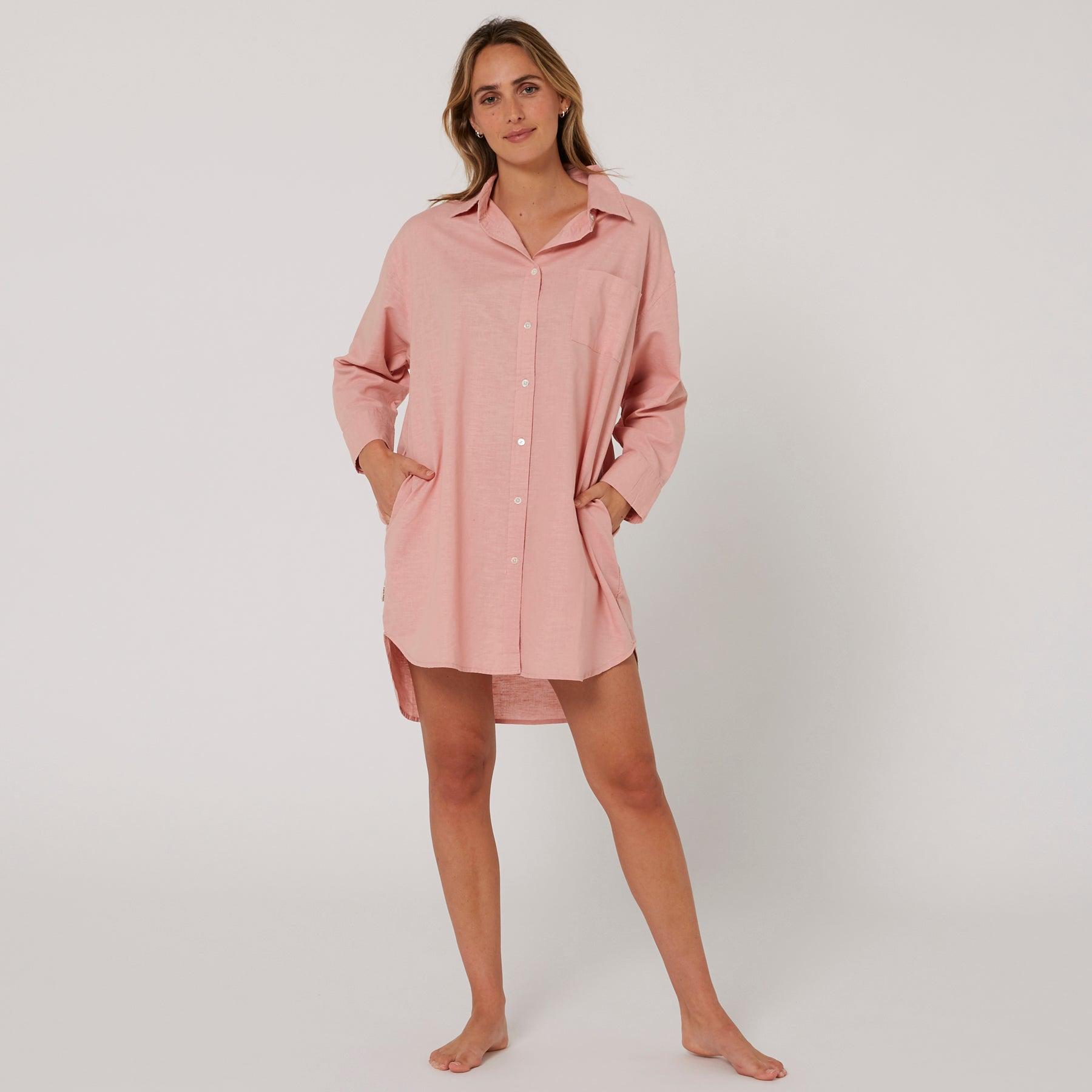 Linen OS LS Shirt Dress - Misty Rose