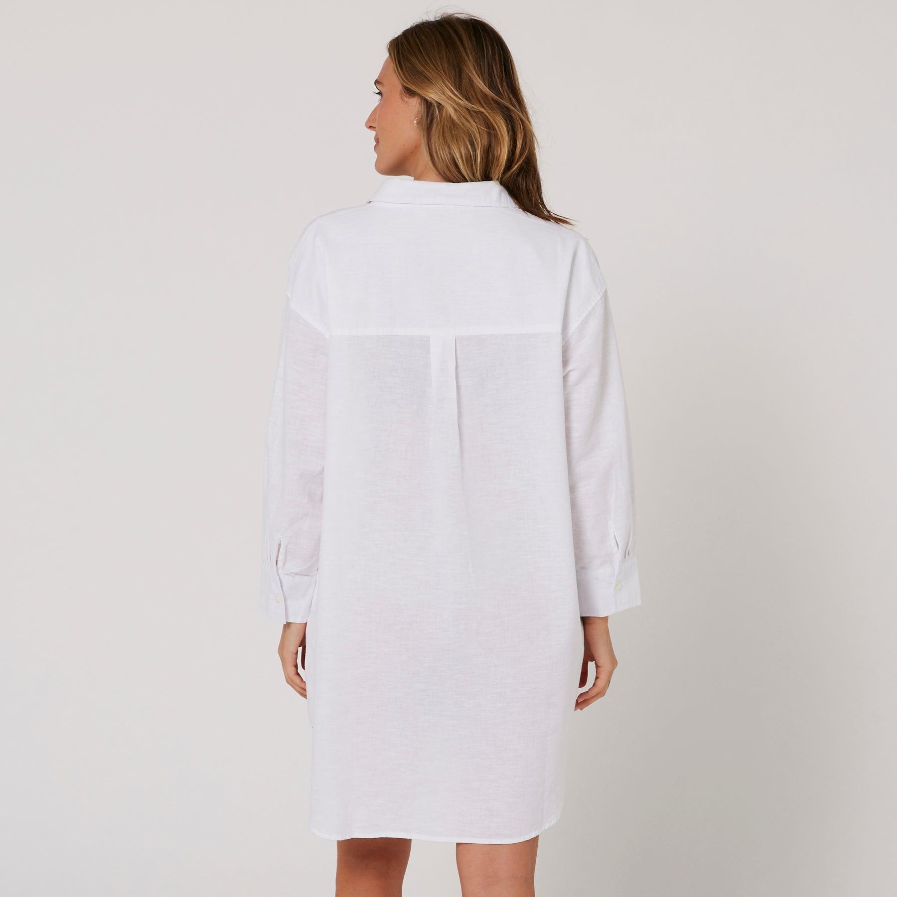 Linen OS LS Shirt Dress - White