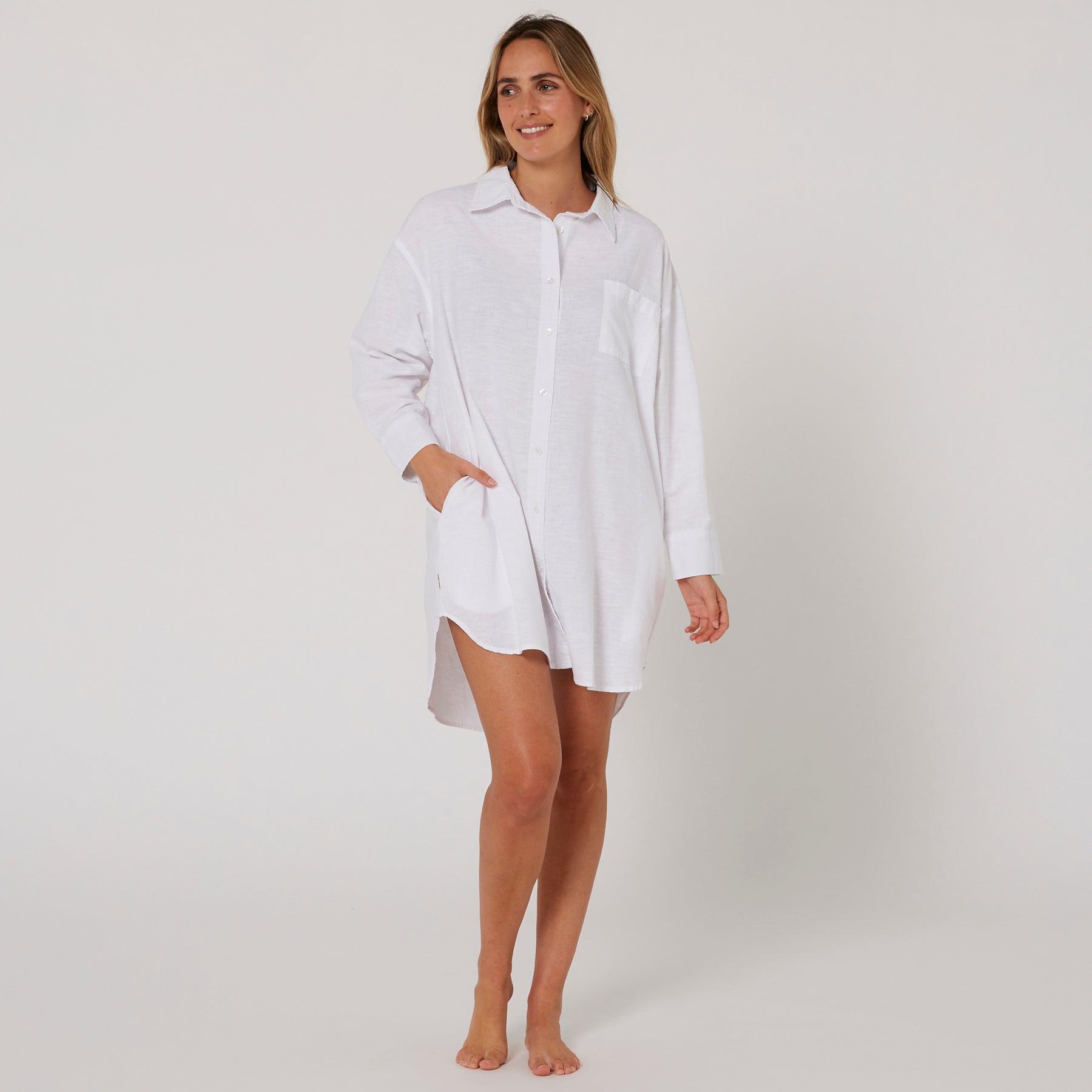 Linen OS LS Shirt Dress - White