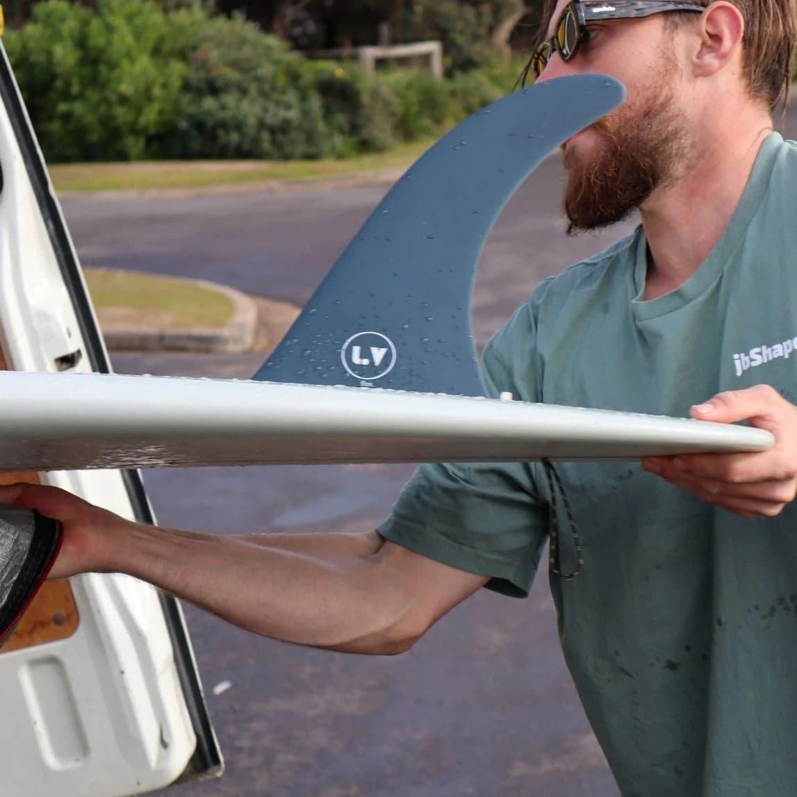 LVfins LB Classic Raked Single Fin - Navy on longboard surfboard