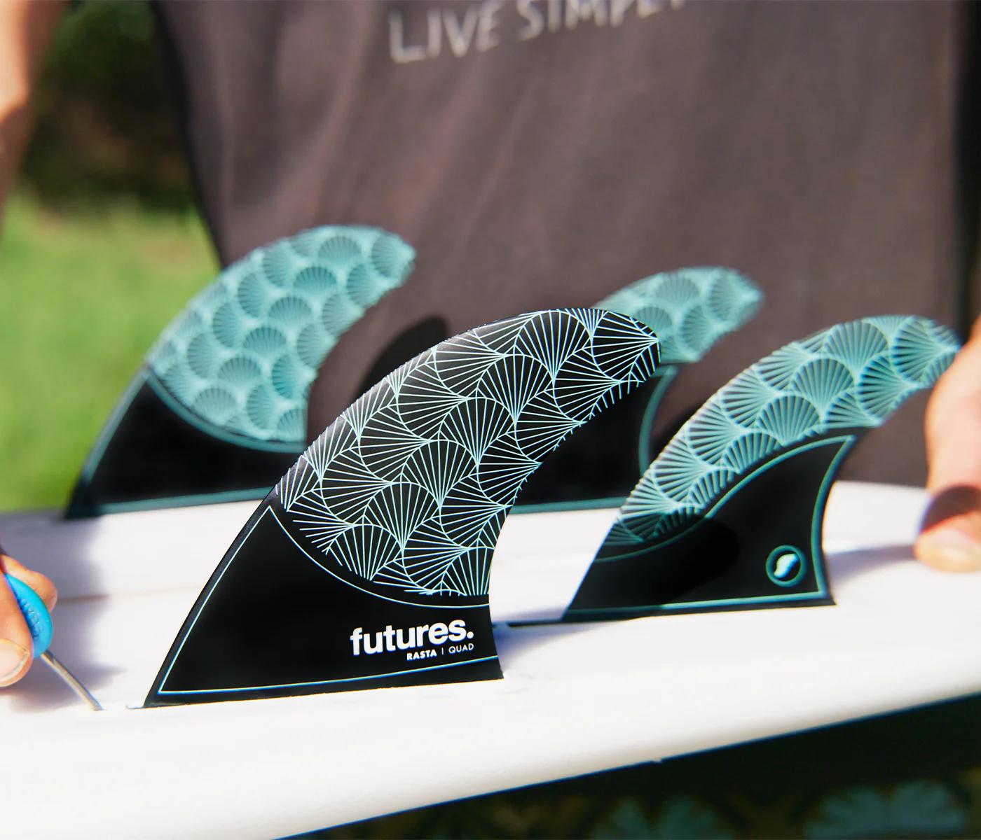 サーフィン・ボディボード FUTURES RAST HC QUAD Buy the Futures Rasta Quad OSFM Black Teal Fins Online Now | Boardcave