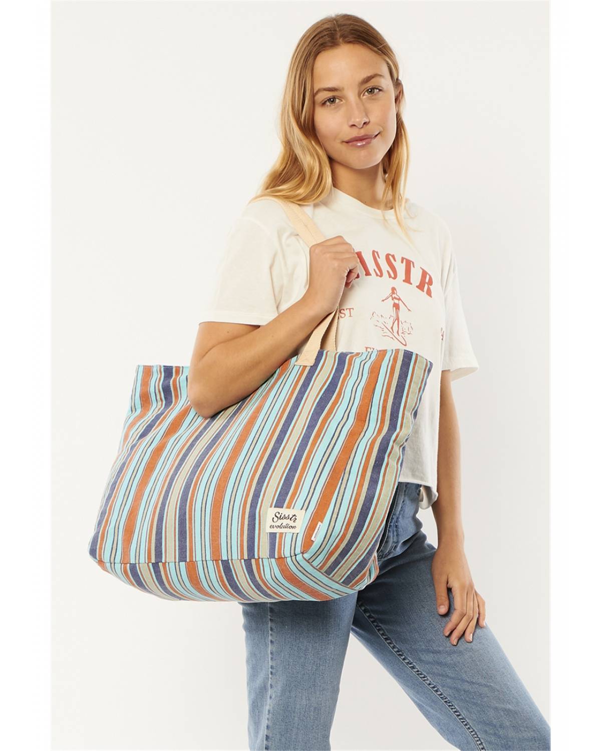 Sisstrevolution  Fab Stripe Tote - Baja Blue on model