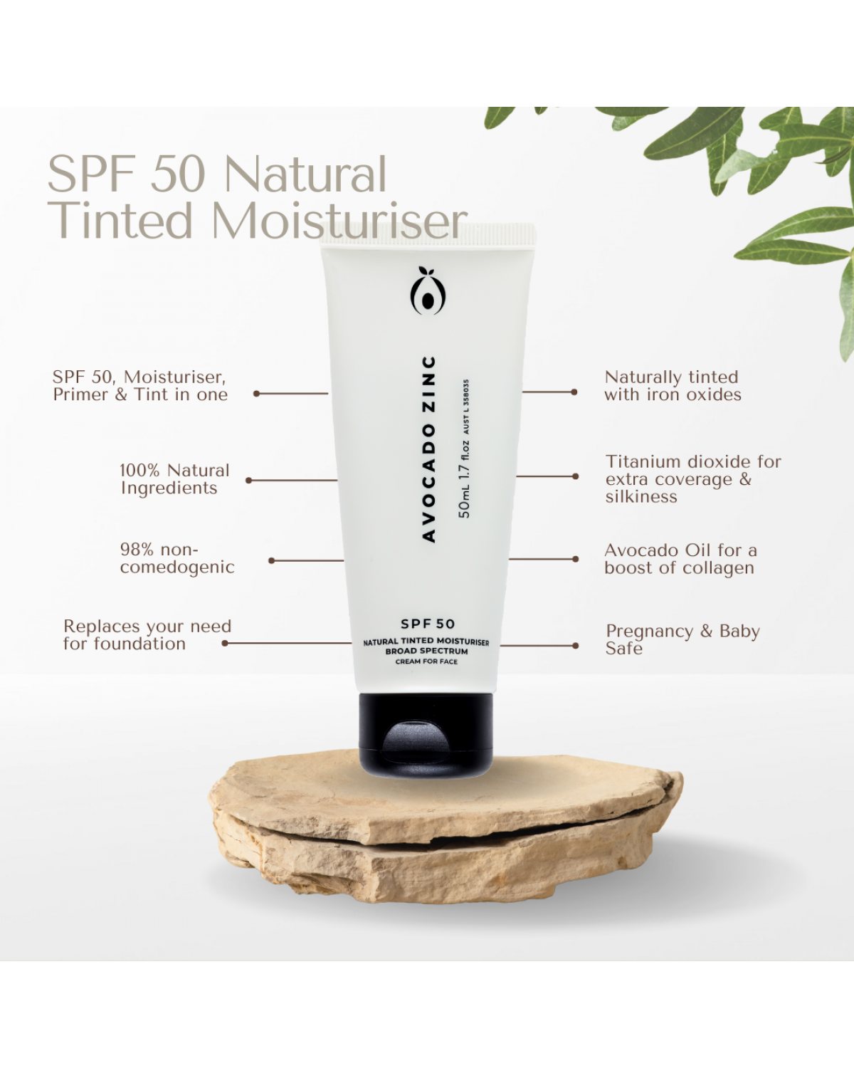 Avocado Zinc SPF 50 Natural Tinted Moisturiser - Light/Medium features