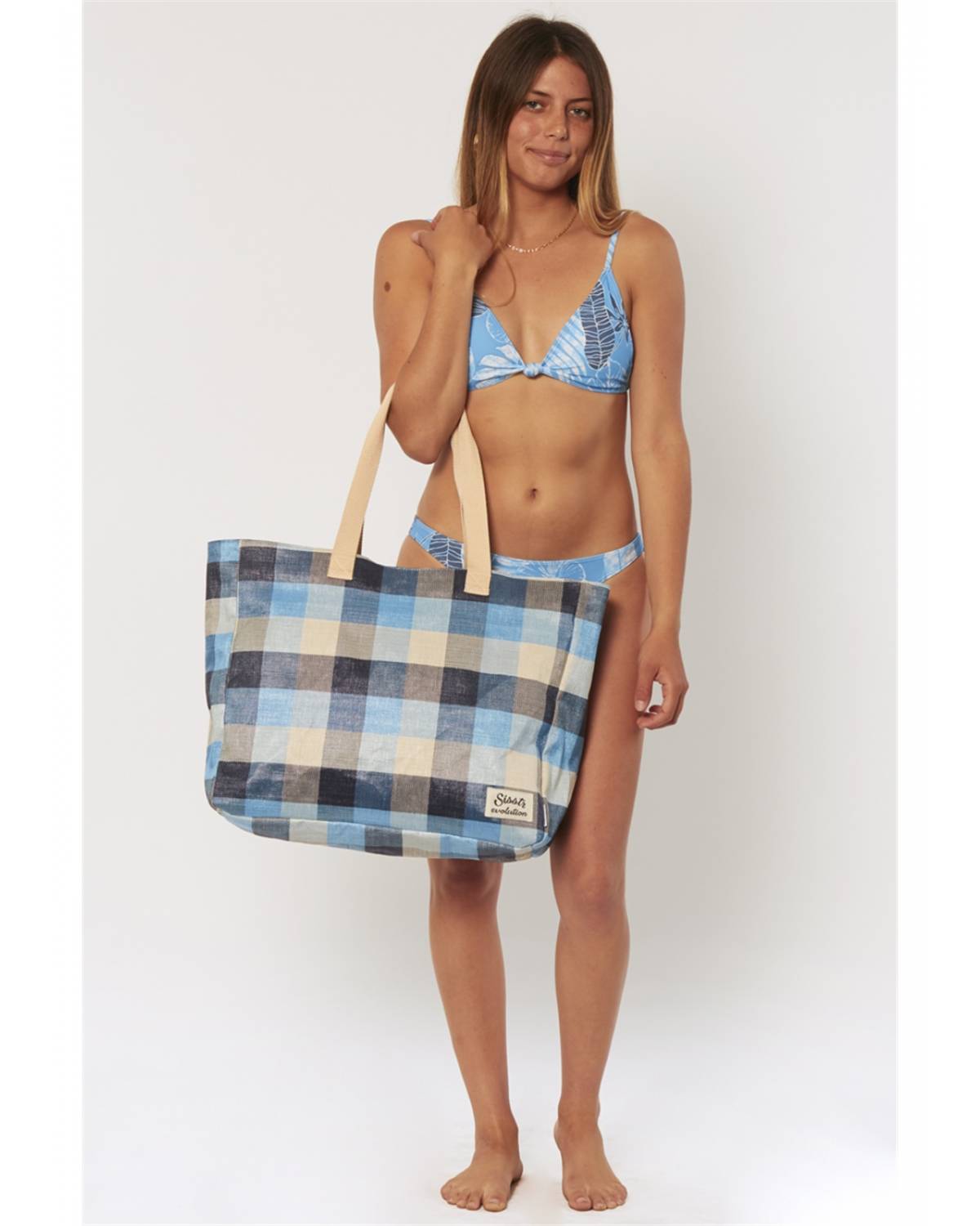Beach Plaid Tote - Ocean held by model