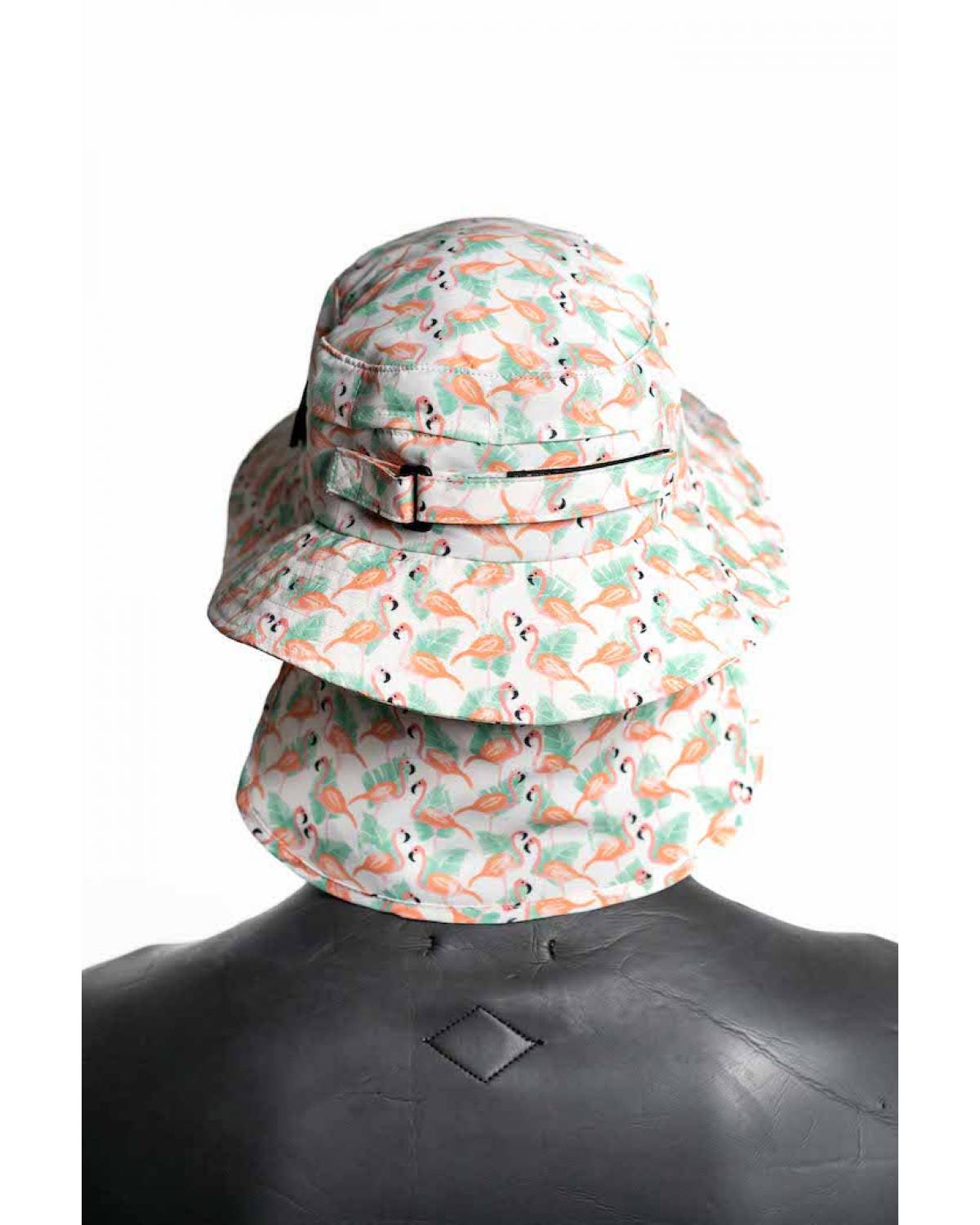 Boardosox Flamingo Surf Hat back on model 