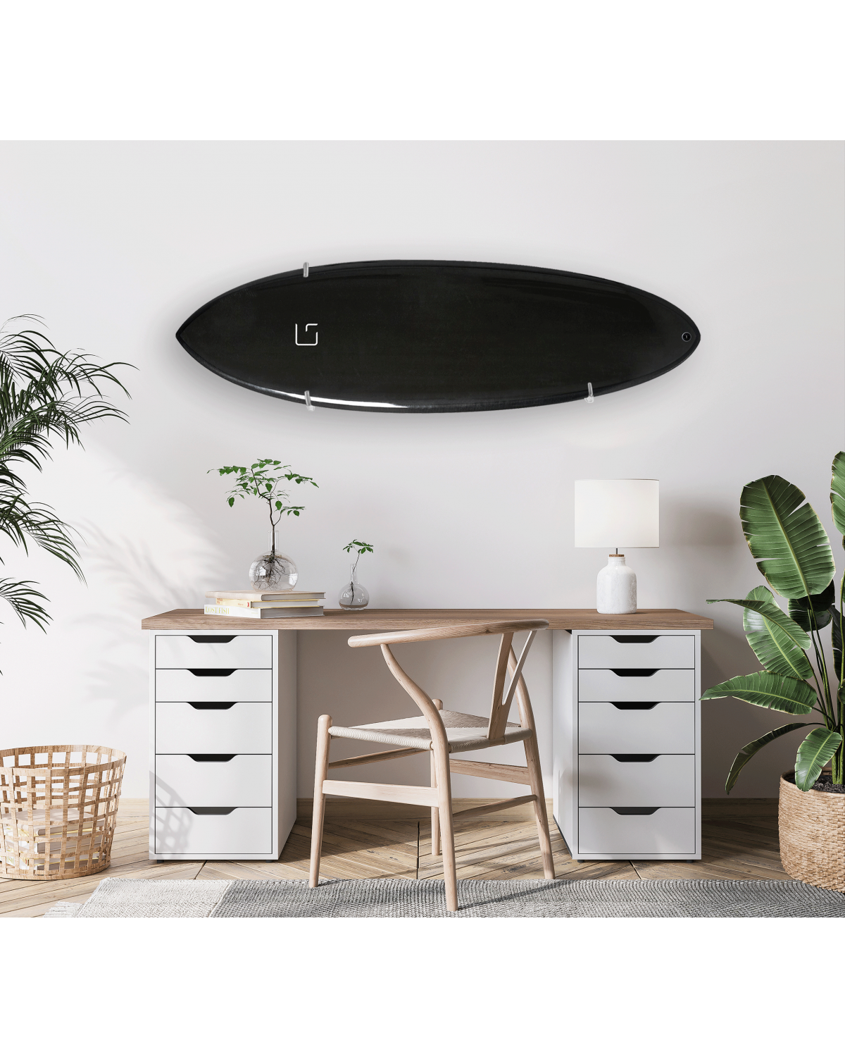 Ghost Racks Horizontal Surfboard Flush Wall Rack holding a black surfboarda