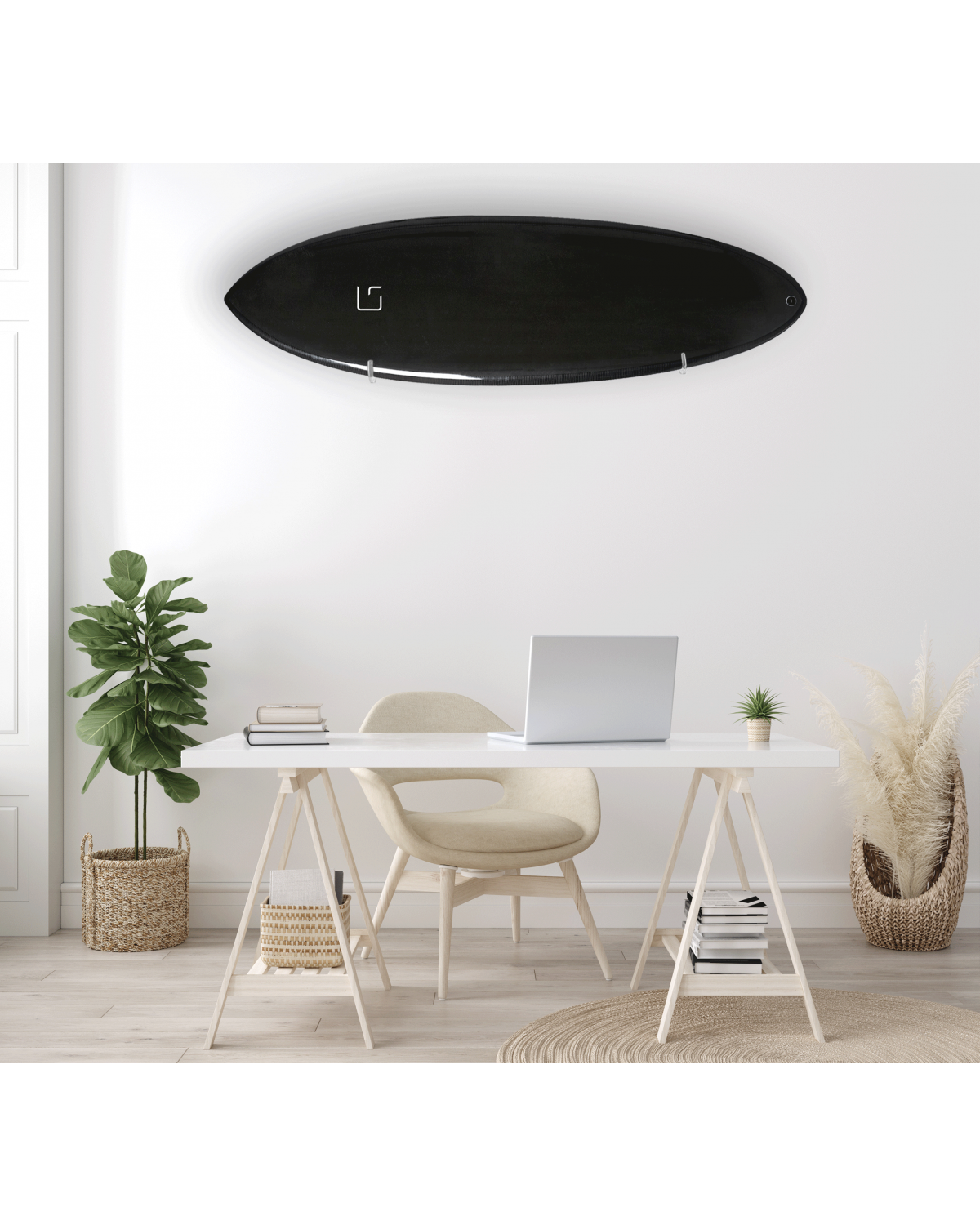 Ghost Racks Overhead Leaner Surfboard Wall Rack holding black surfboard