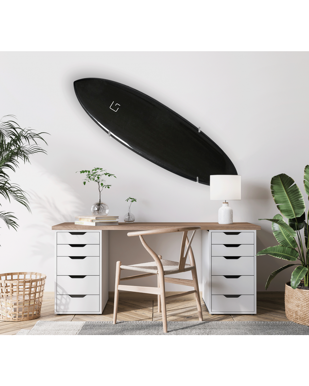 Ghost Racks Multi-Angled Surfboard Wall Rack Mount holding a black surfboard