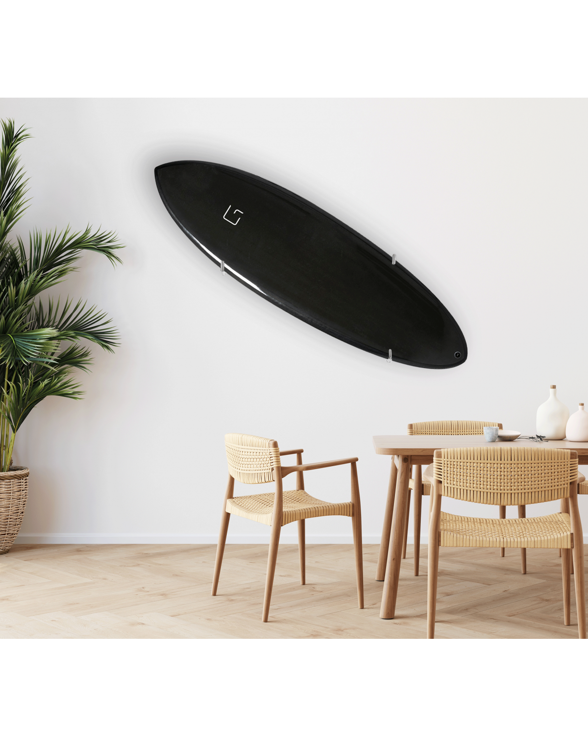 Ghost Racks Multi-Angled Surfboard Wall Rack Mount holding a black surfboard