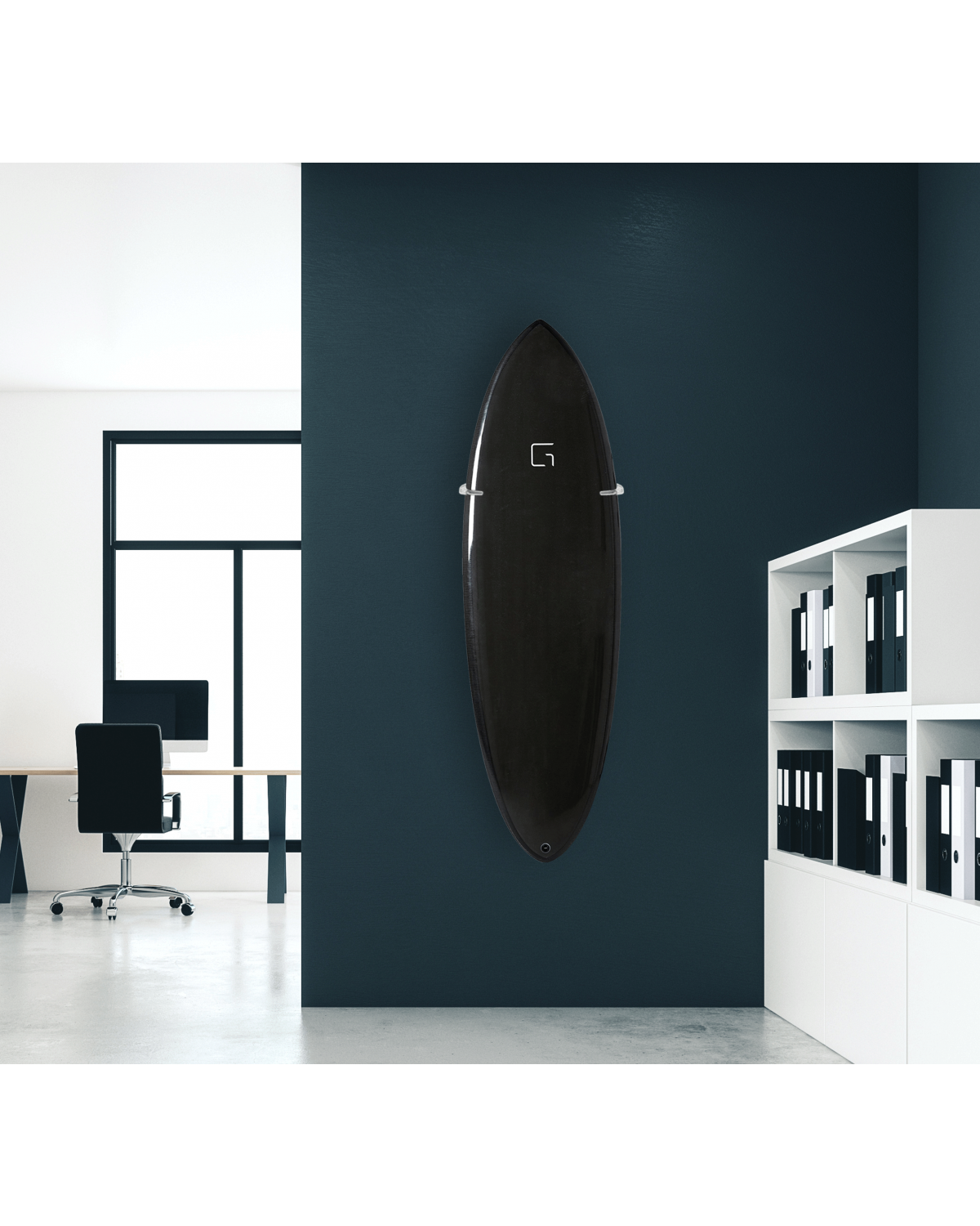 Ghost Racks Vertical Surfboard Adjustable Wall Display Rack holding a black surfboard