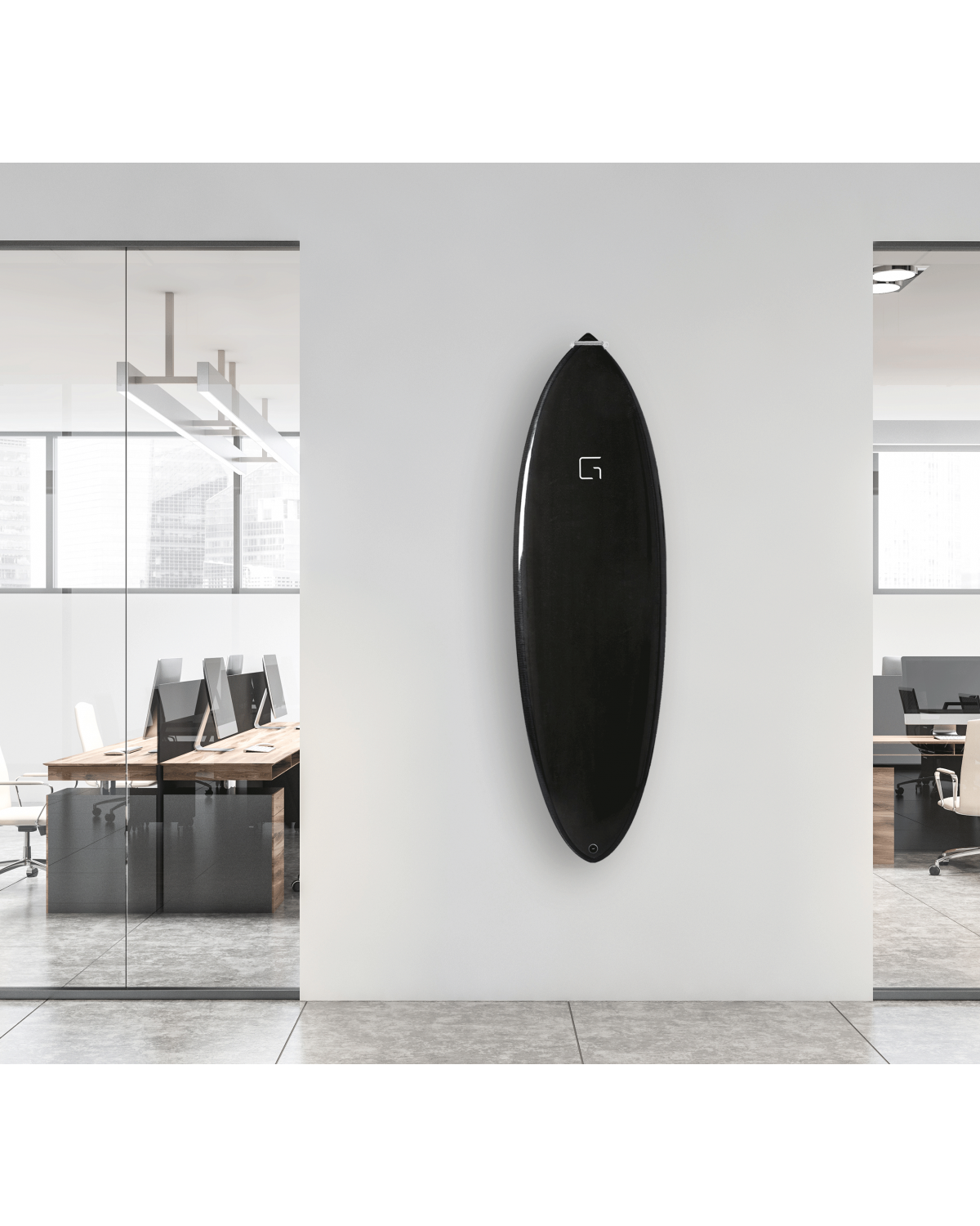 Ghost Racks Vertical Surfboard Wall Rack holding a black surfboard