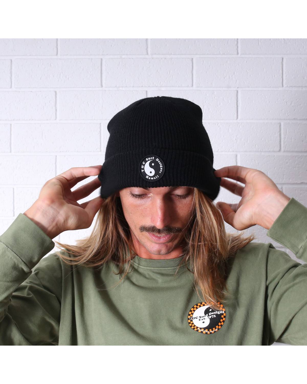 T&C Surf  OG Patch Beanie - Black on model