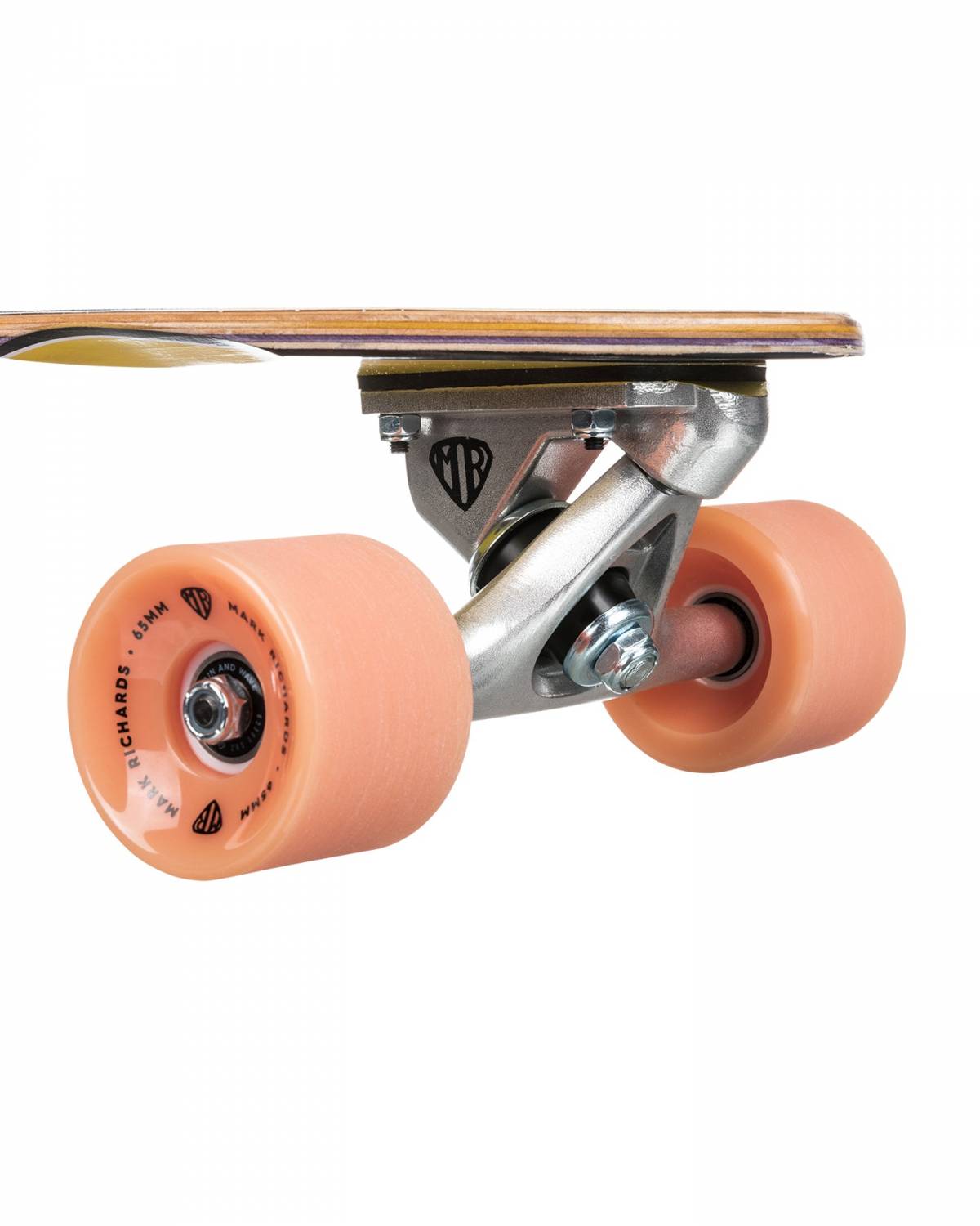 Quiksilver Mark Richards MR Edition Retro Cruiser Skateboard - Purple Yellow close up front truck