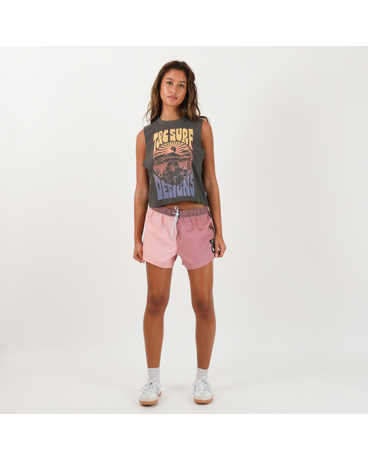 Model wearing shorts front