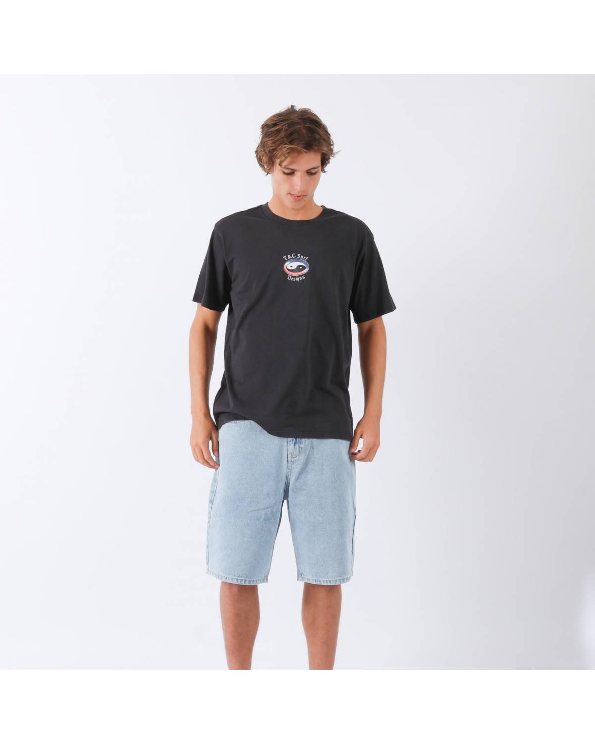 Side view of denim shorts