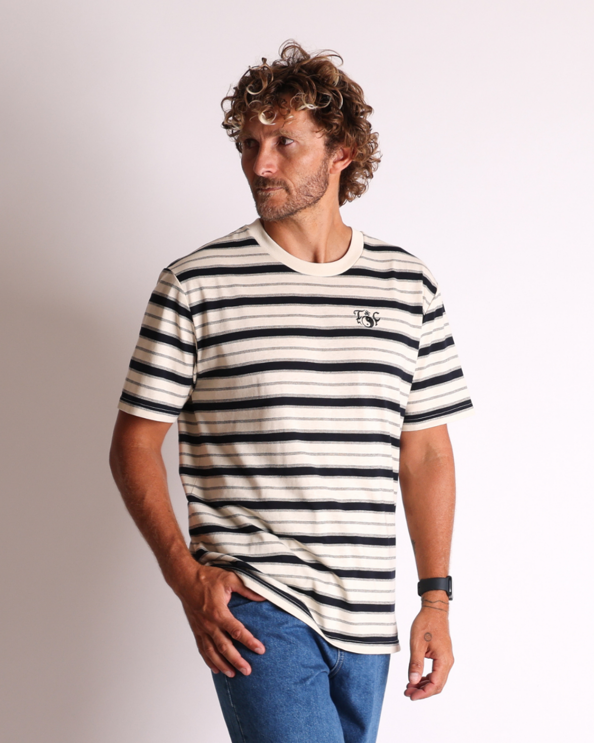 Bone/Black striped tee front