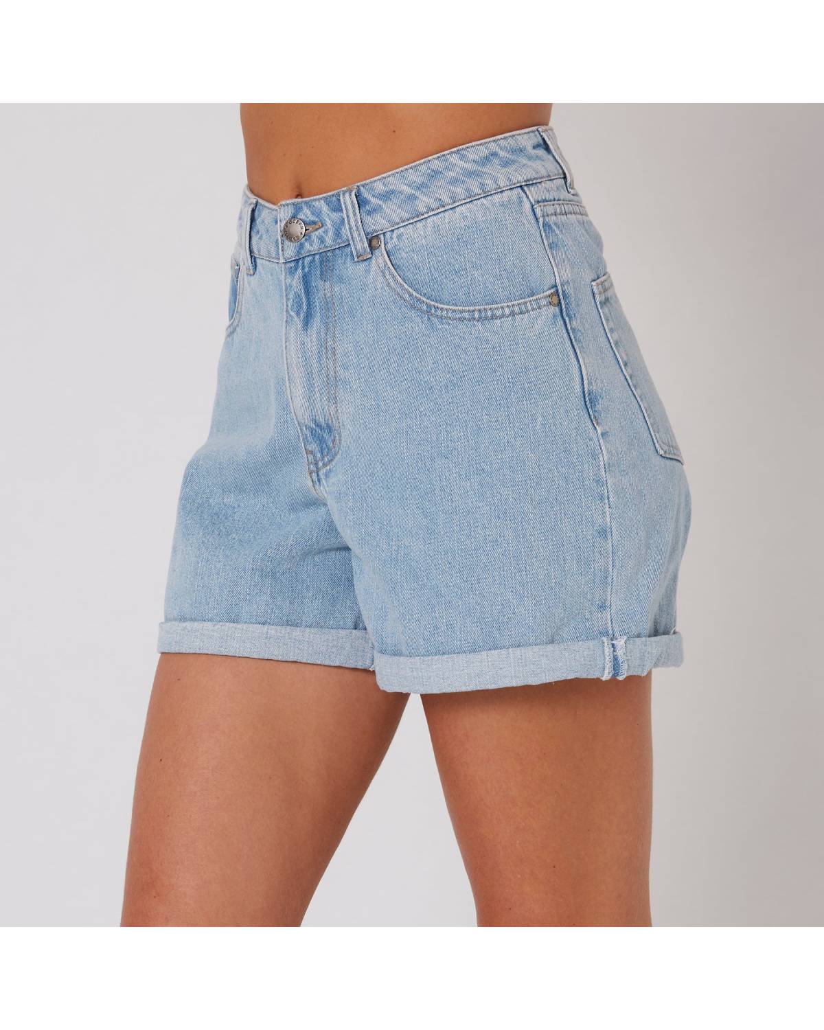 Model wearing denim shorts