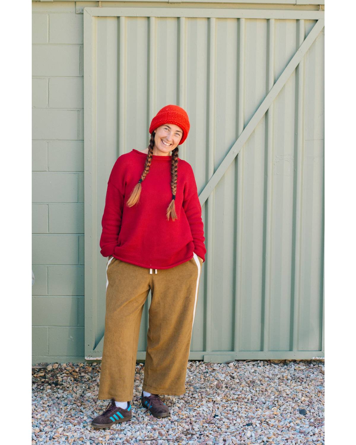 Close-up of pants, side stripes