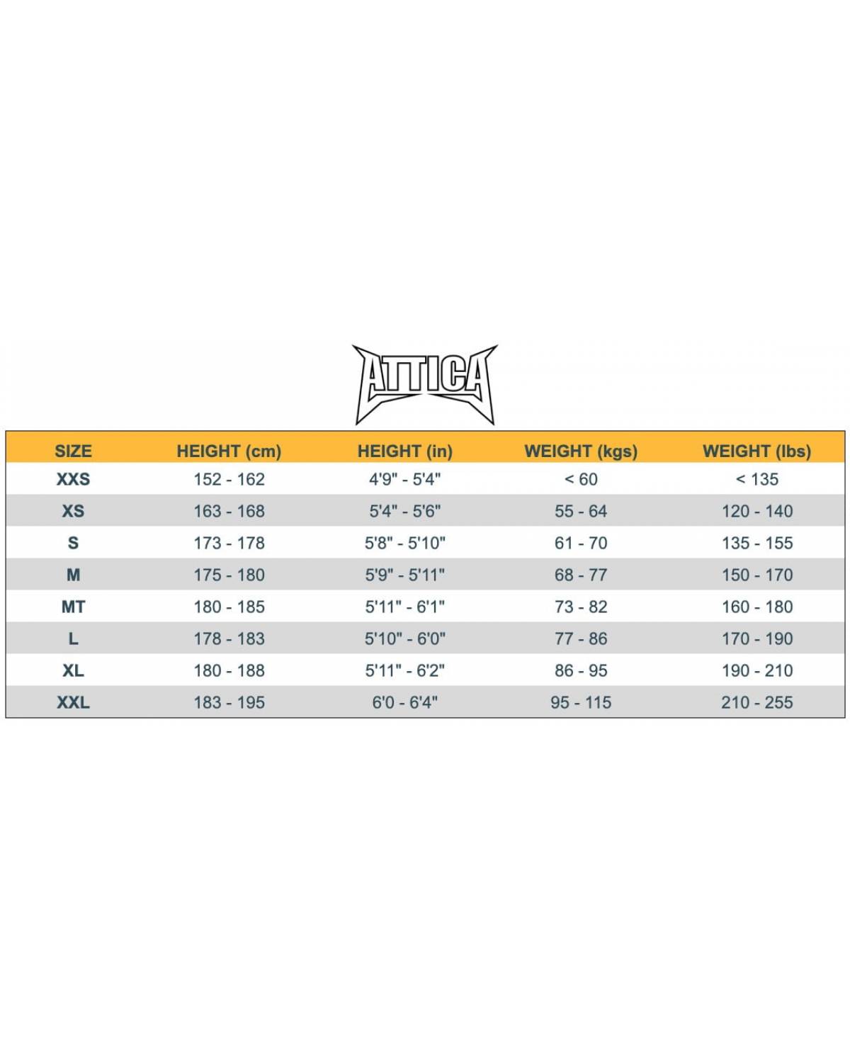 Attica Wetsuits Size Chart - Men's Wetsuit