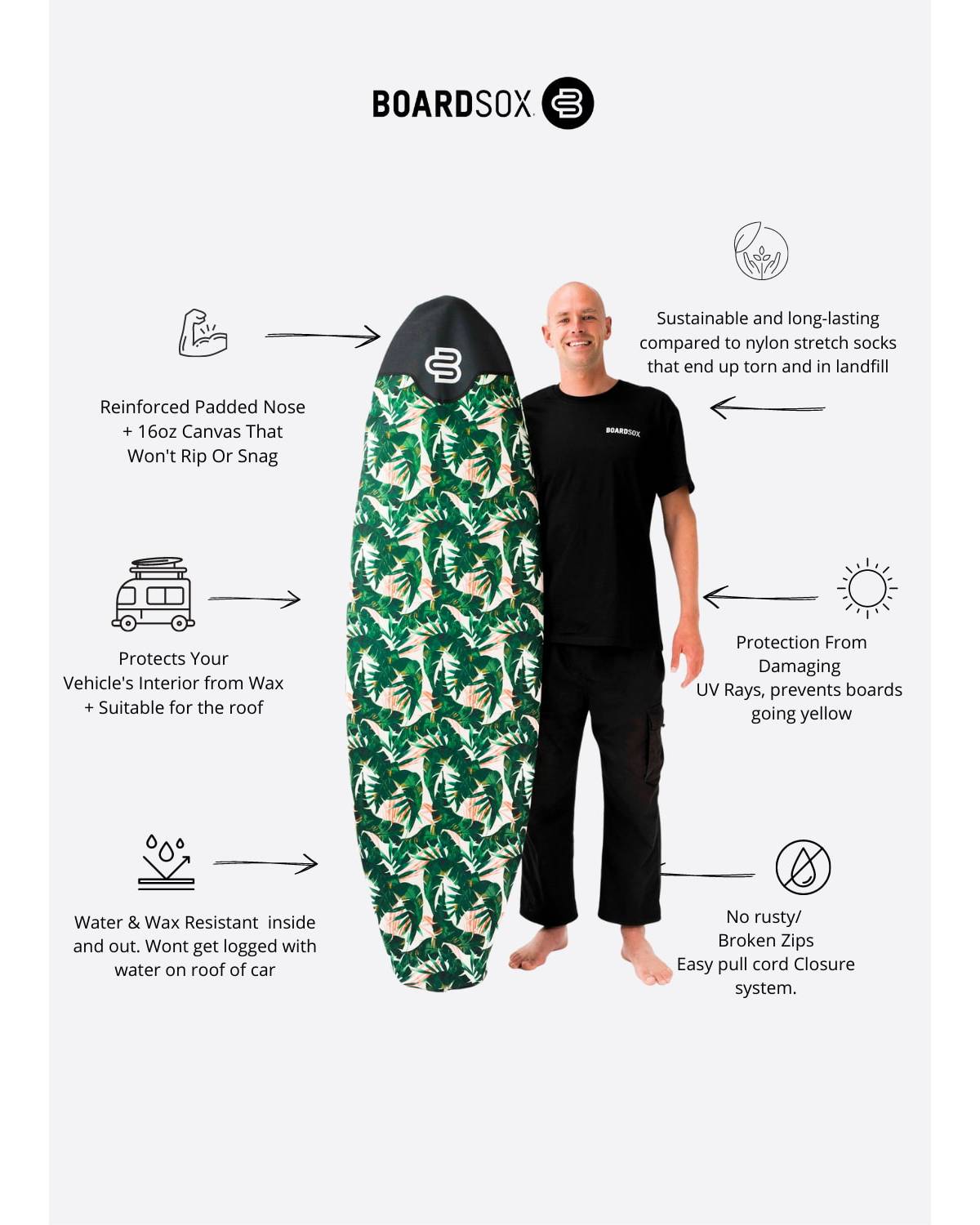 Boardsox Green Leaf Surfboard Cover - Funboard features