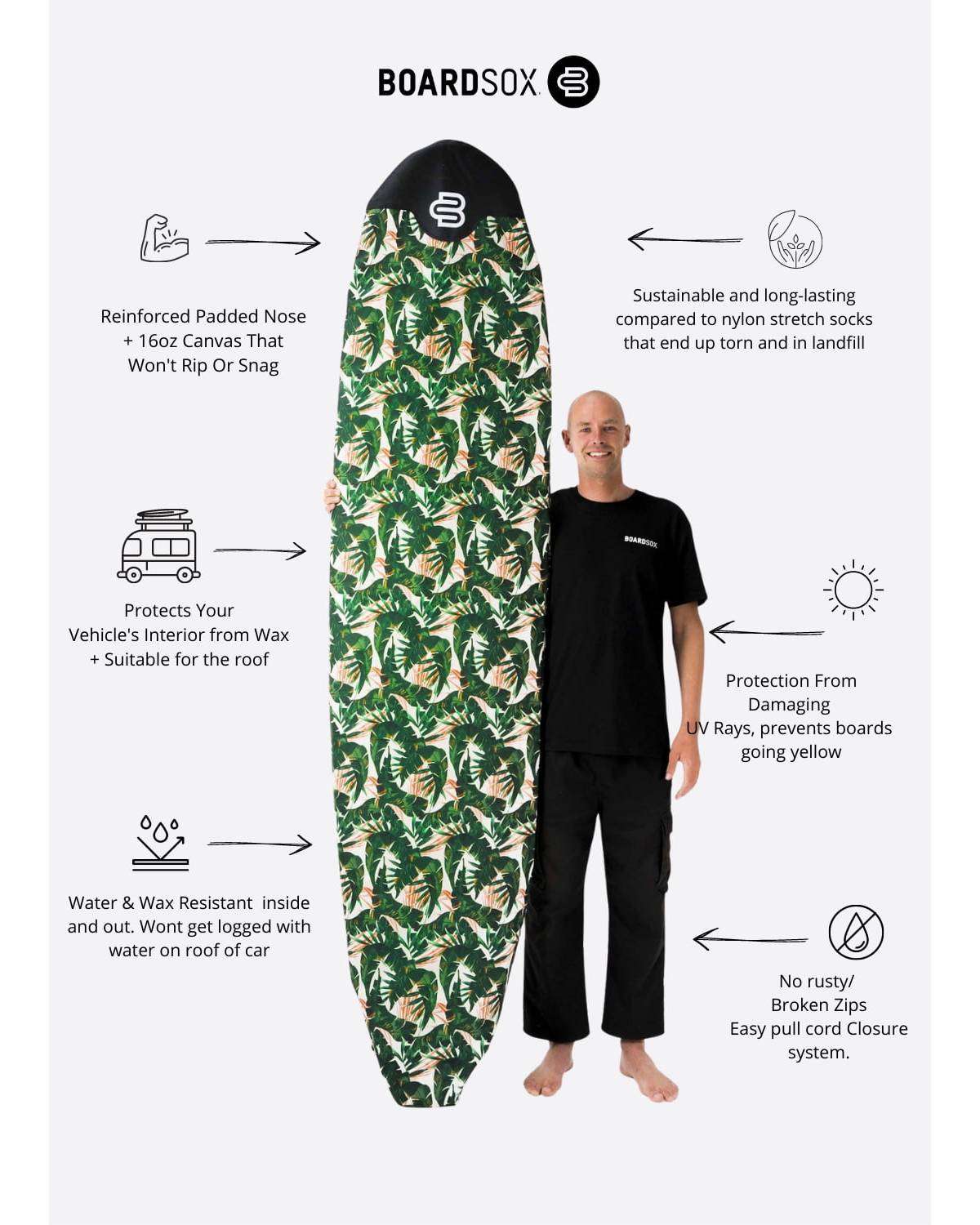 Boardsox Green Leaf Surfboard Cover - Mid/Long features