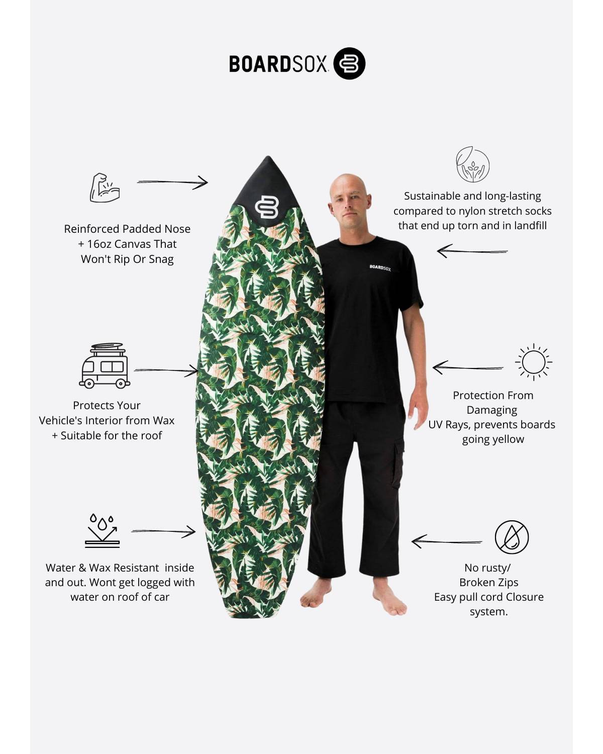 Boardsox Green Leaf Surfboard Cover - Shortboard features
