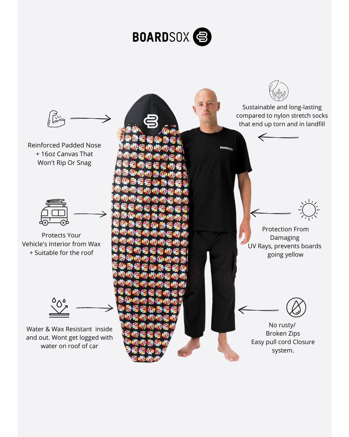 Boardsox Ozzie Wright Alien Love Flower Surfboard Cover - Funboard features