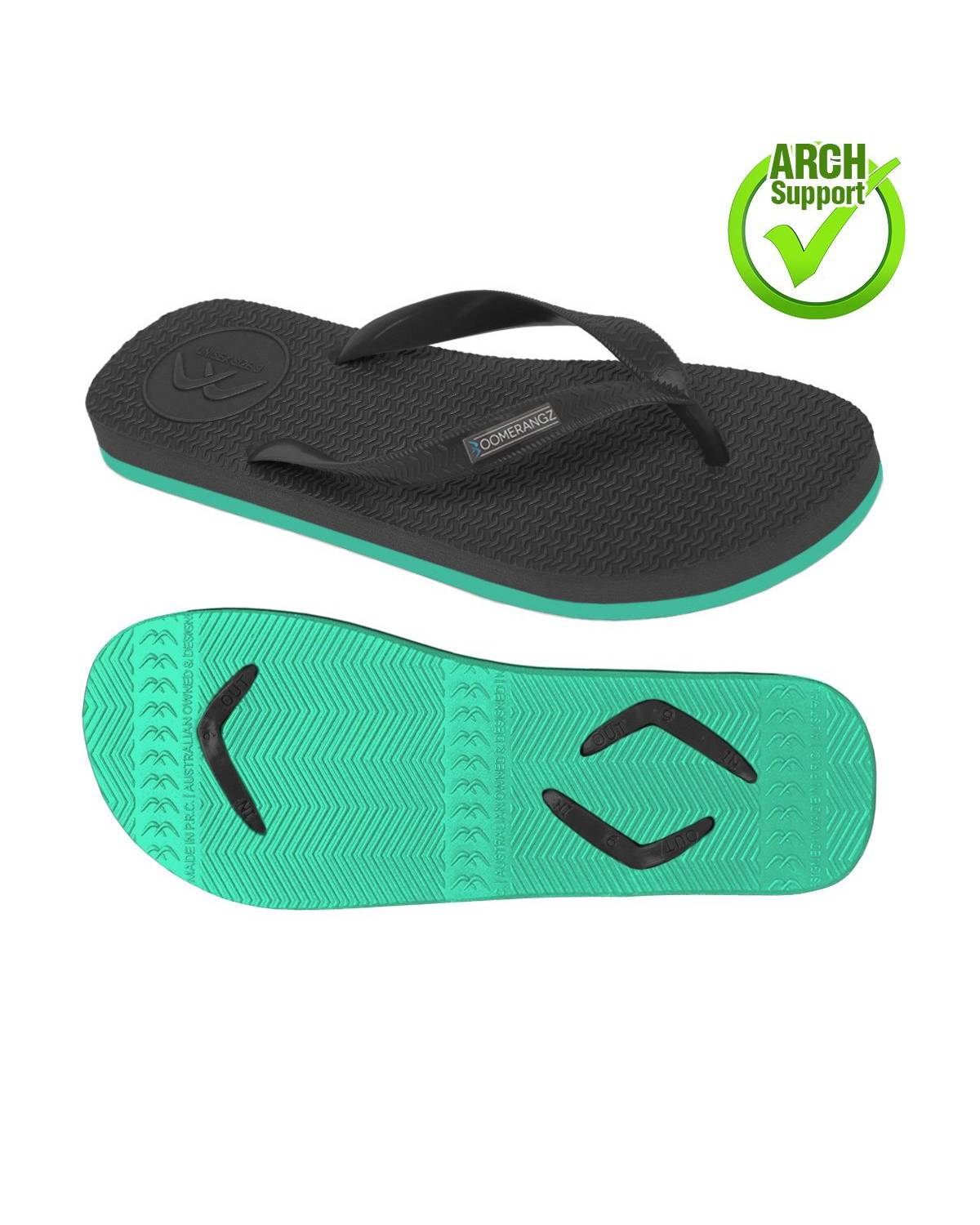 Boomerangz Men's Black/Teal Thongs arch