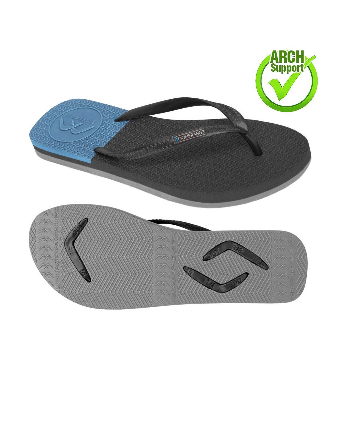 Boomerangz Women's Black/Grey/Blue Thongs arch