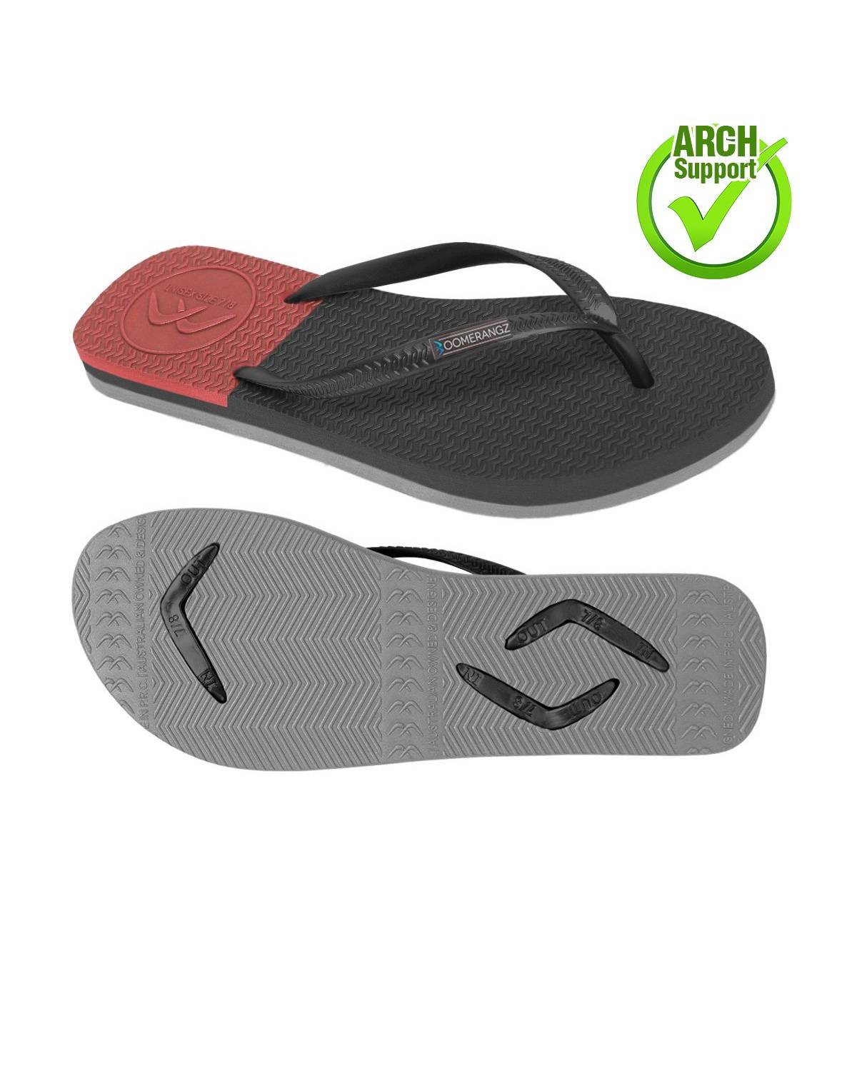Boomerangz Women's Black/Grey/Red Thongs arch