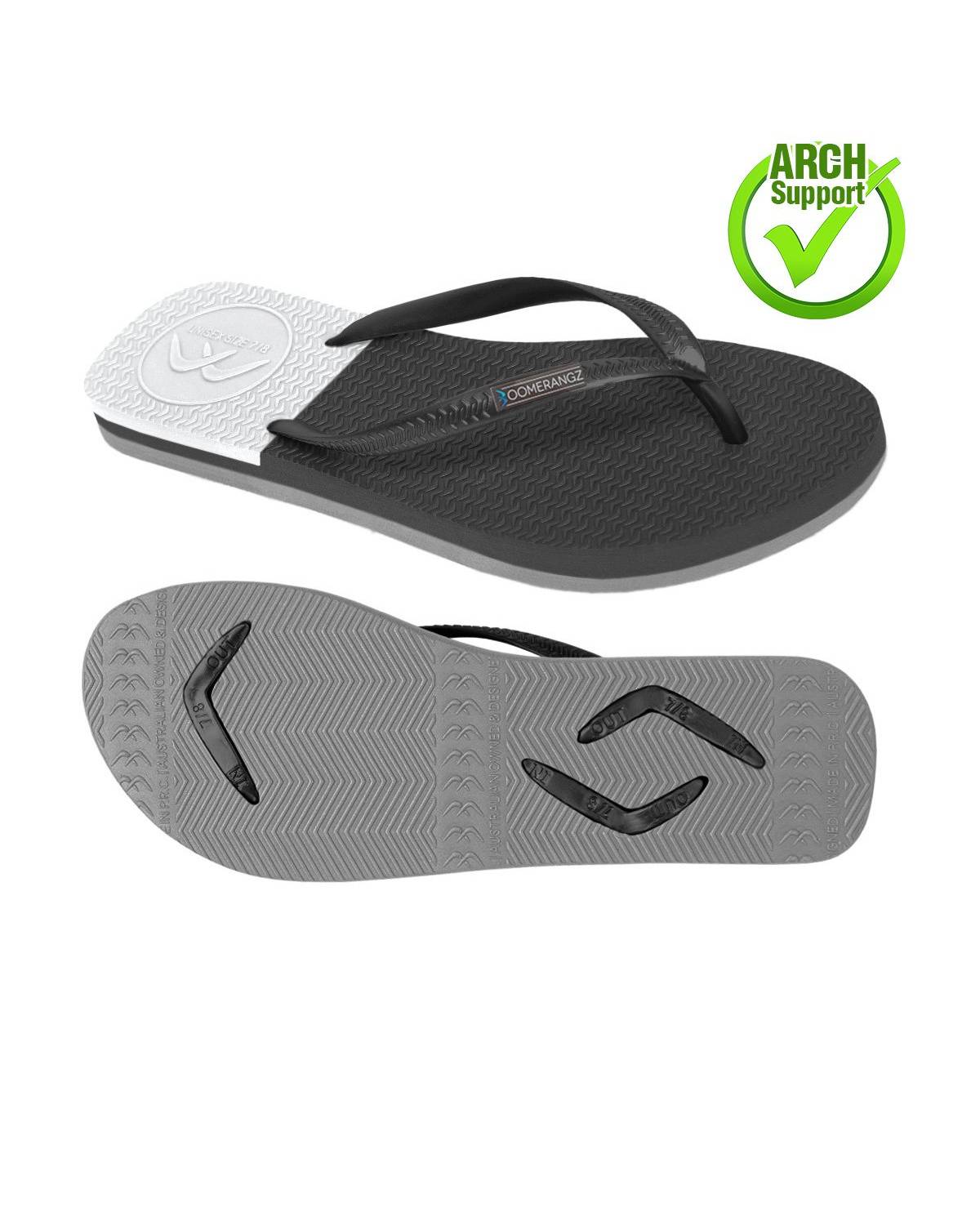 Boomerangz Women's Black/Grey/White Thongs arch