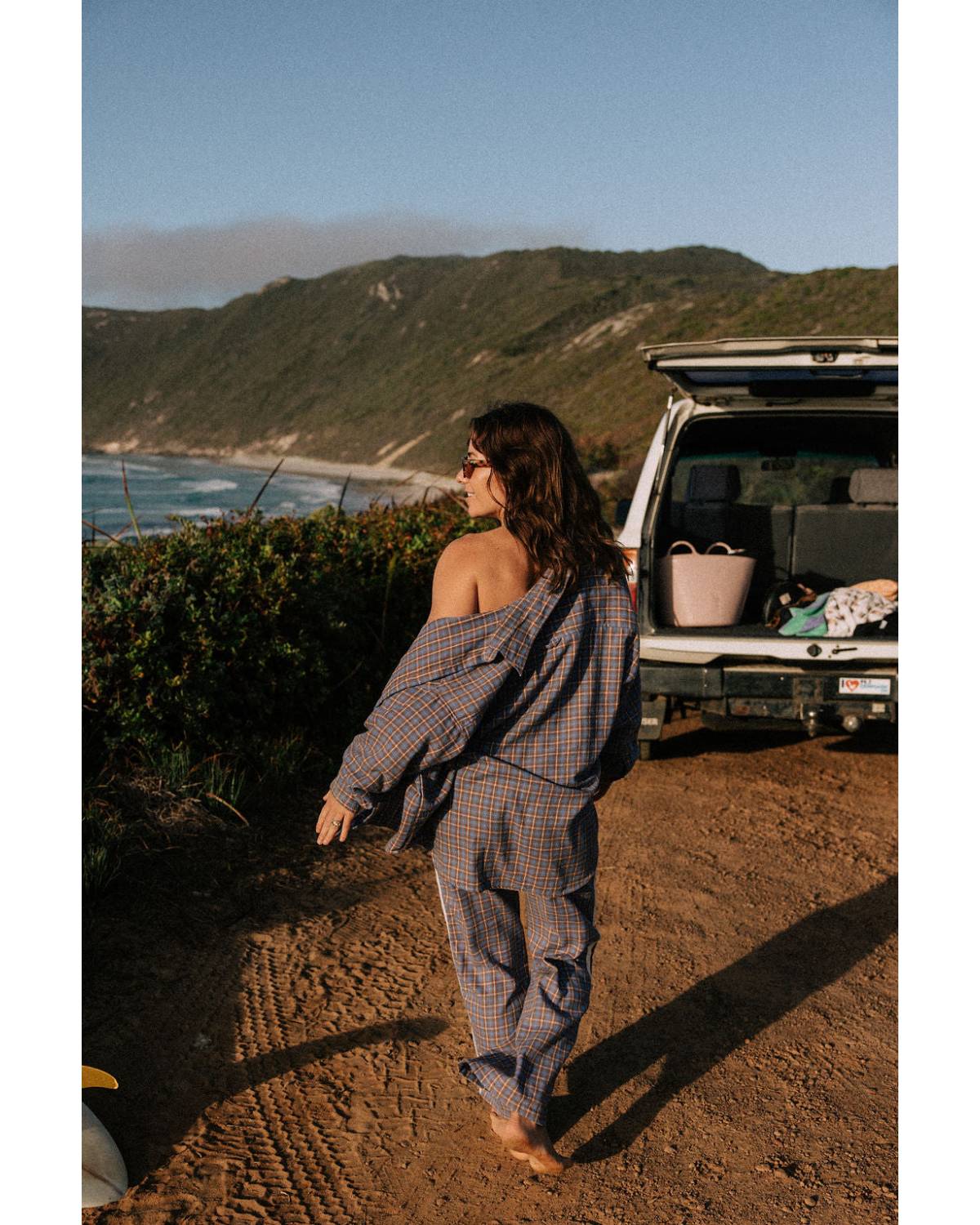 Flannel pants with surfboard rear