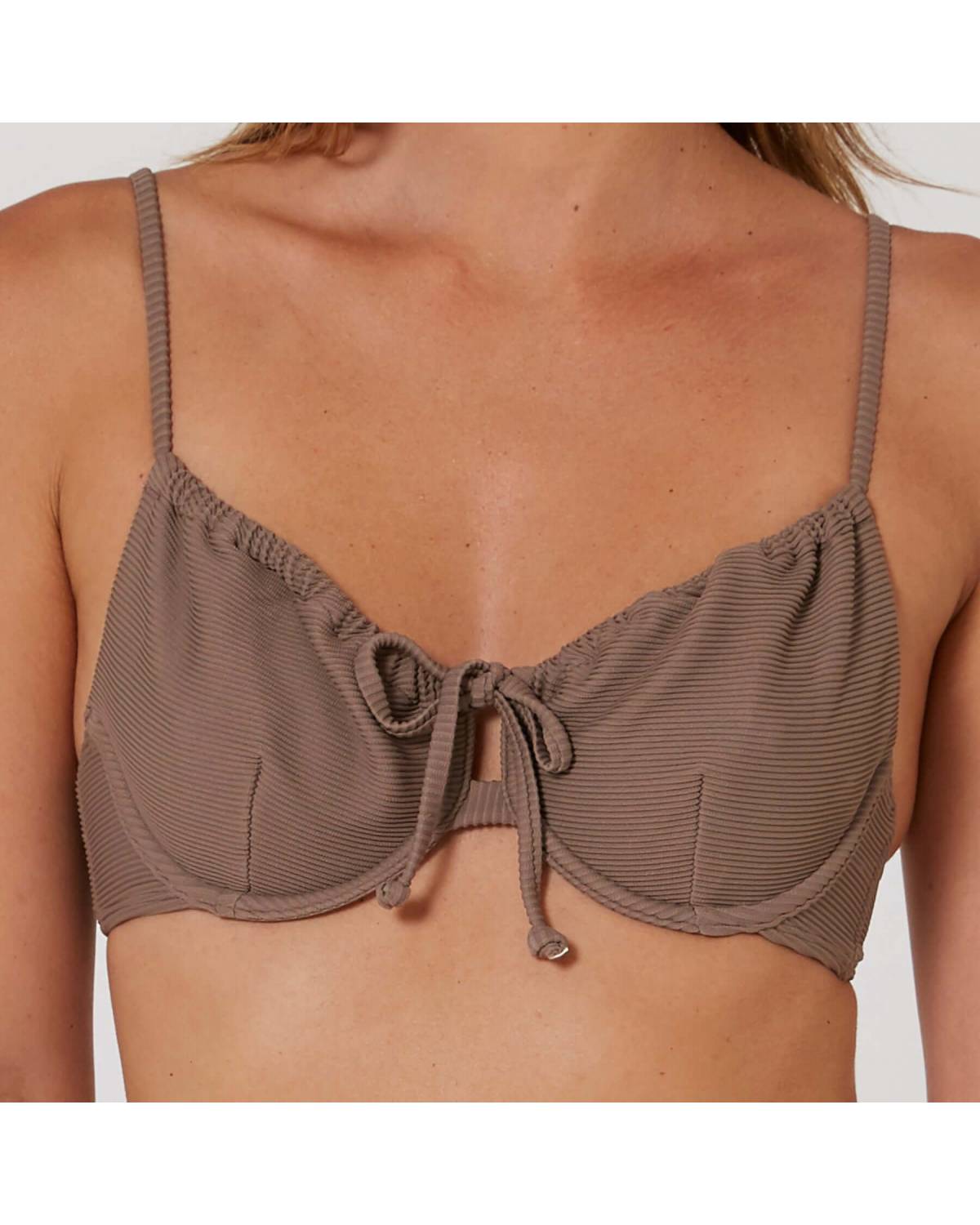 Hyams-Rib Tie Front Top - Mocha