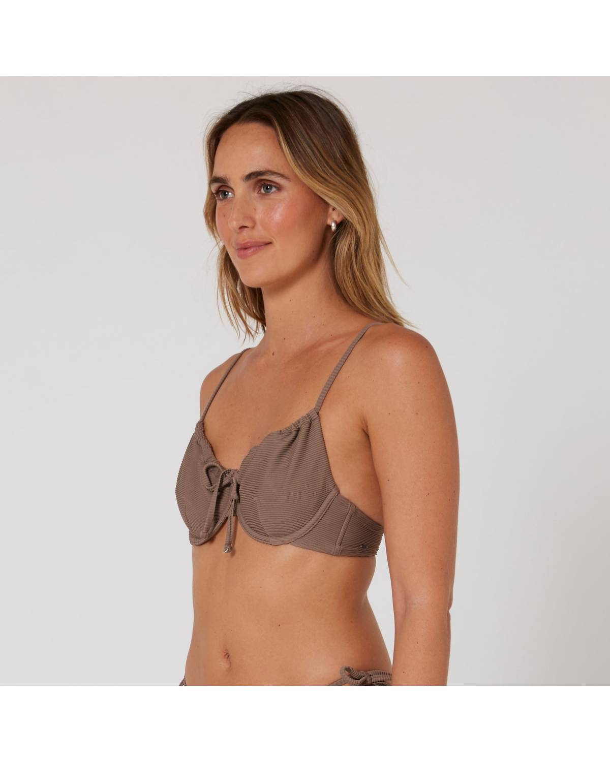 Hyams-Rib Tie Front Top - Mocha