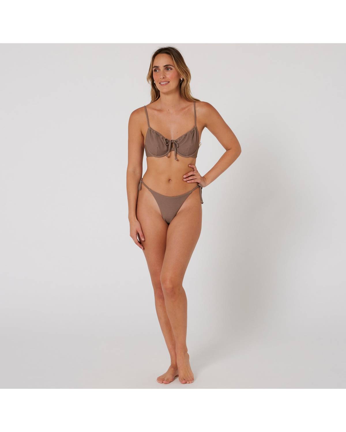 Hyams-Rib Tie Front Top - Mocha