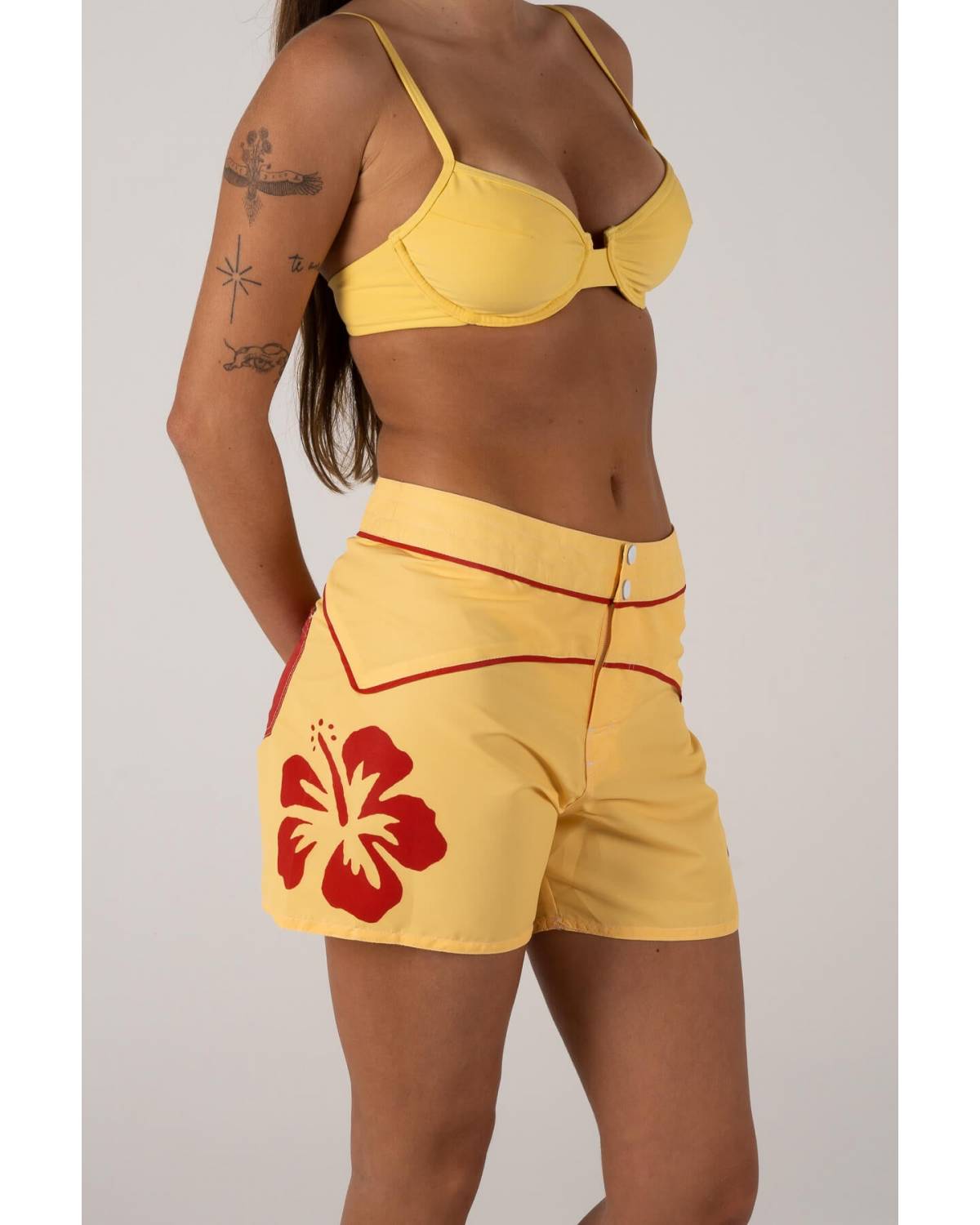 Side view with hibiscus print
