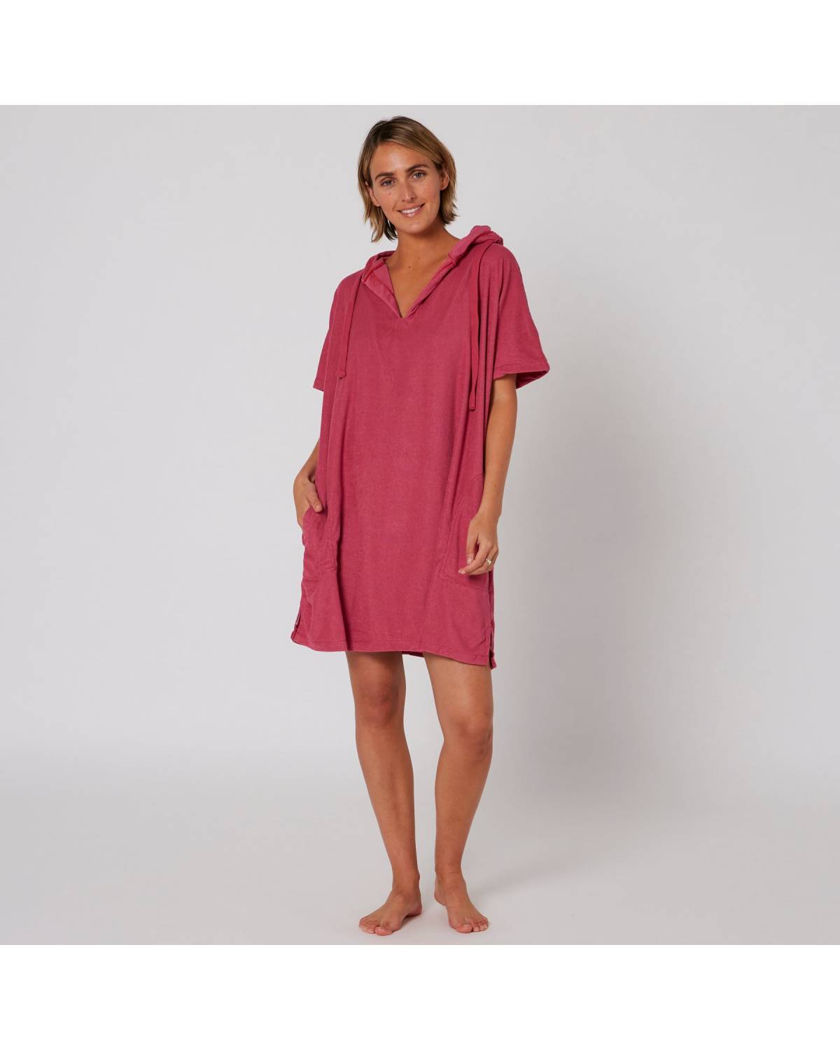 Ladies V Neck Hooded Poncho - Mauve 