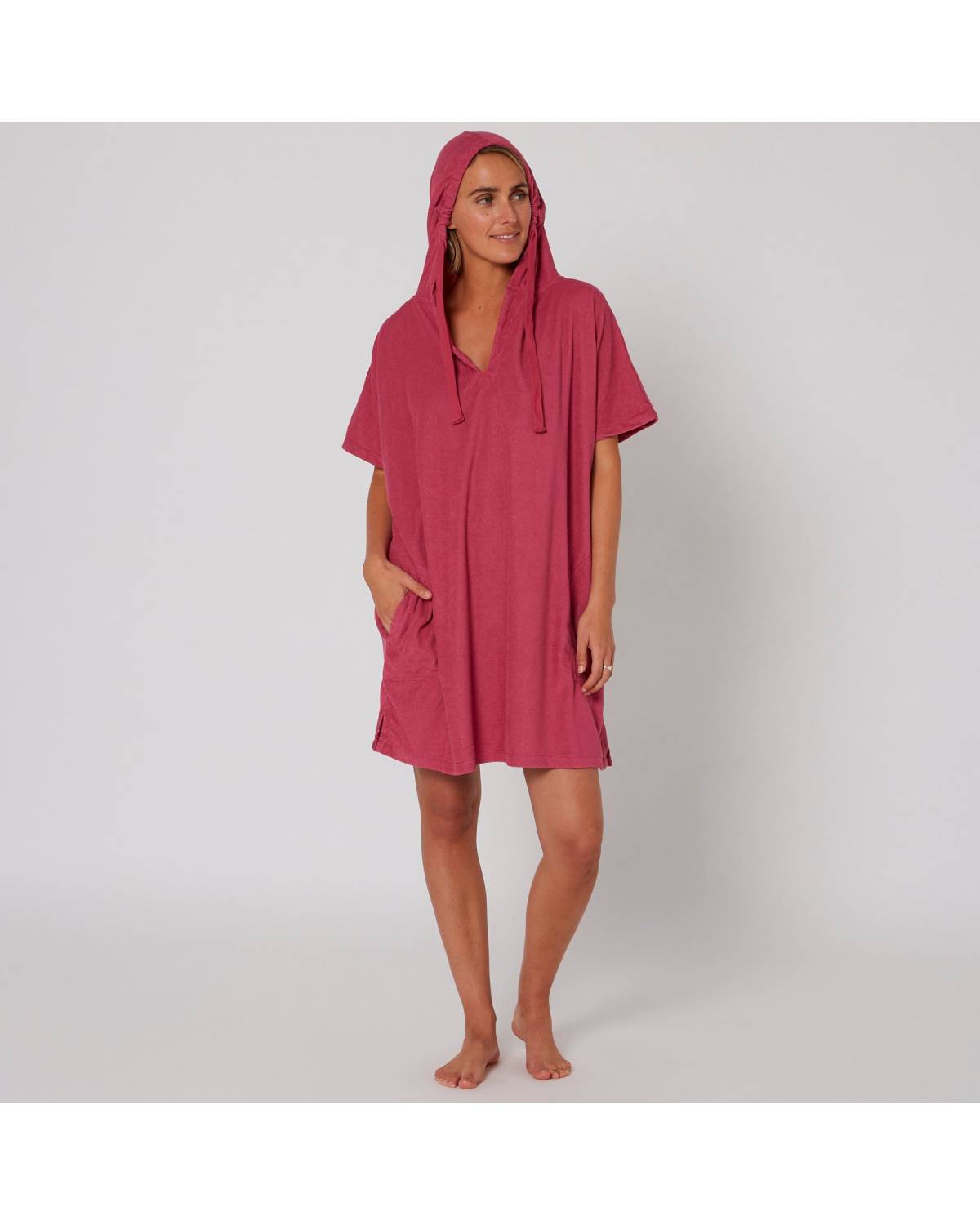 Ladies V Neck Hooded Poncho - Mauve 