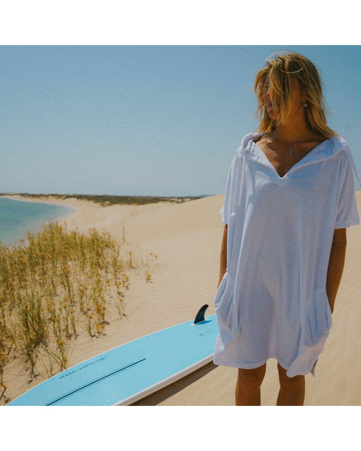 Ladies V Neck Hooded Poncho - White