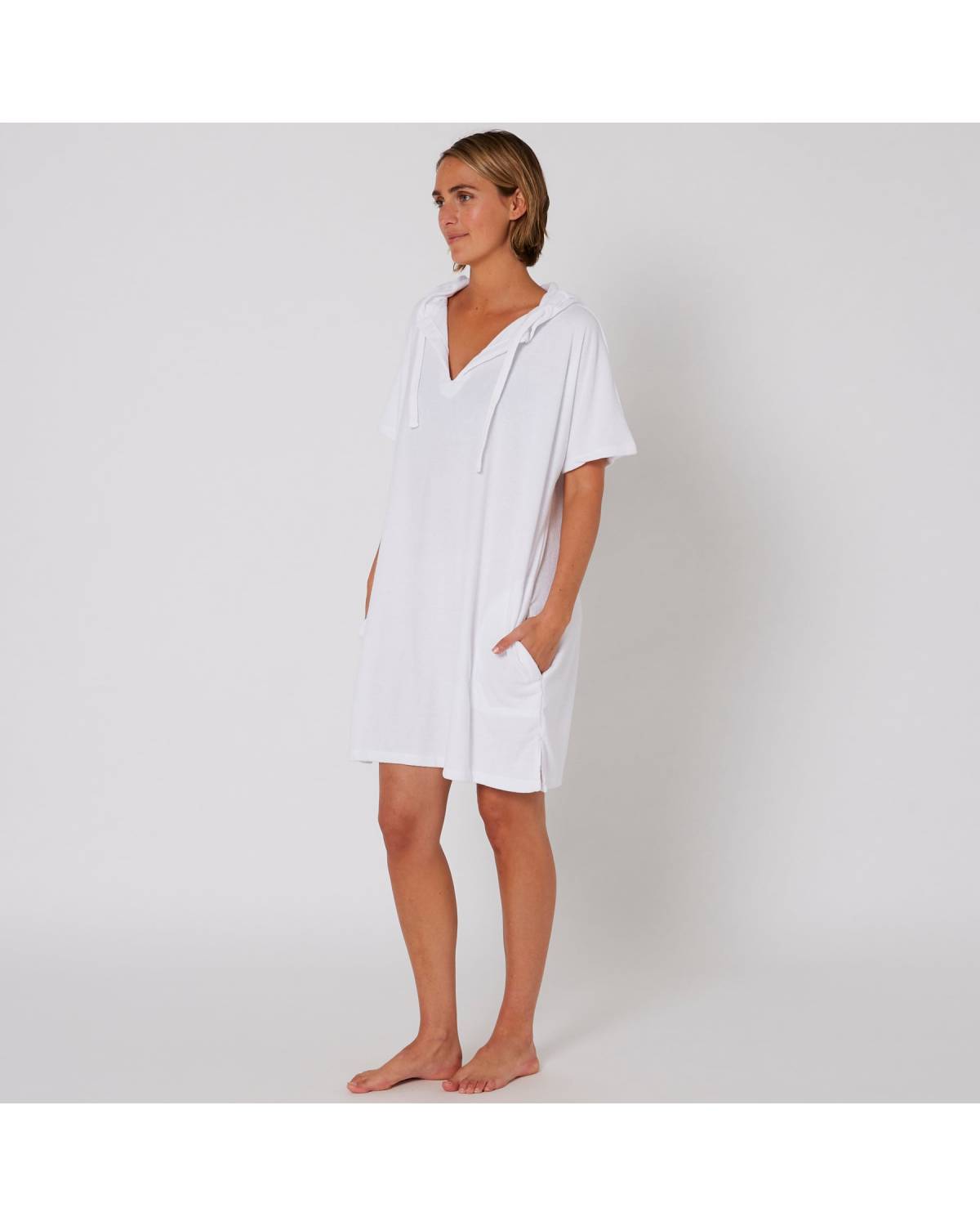 Ladies V Neck Hooded Poncho - White