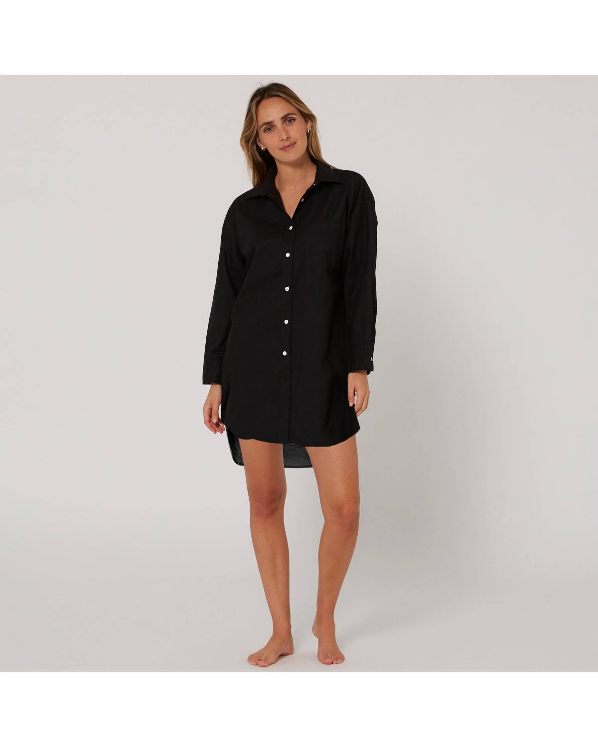 Linen OS LS Shirt Dress - Black