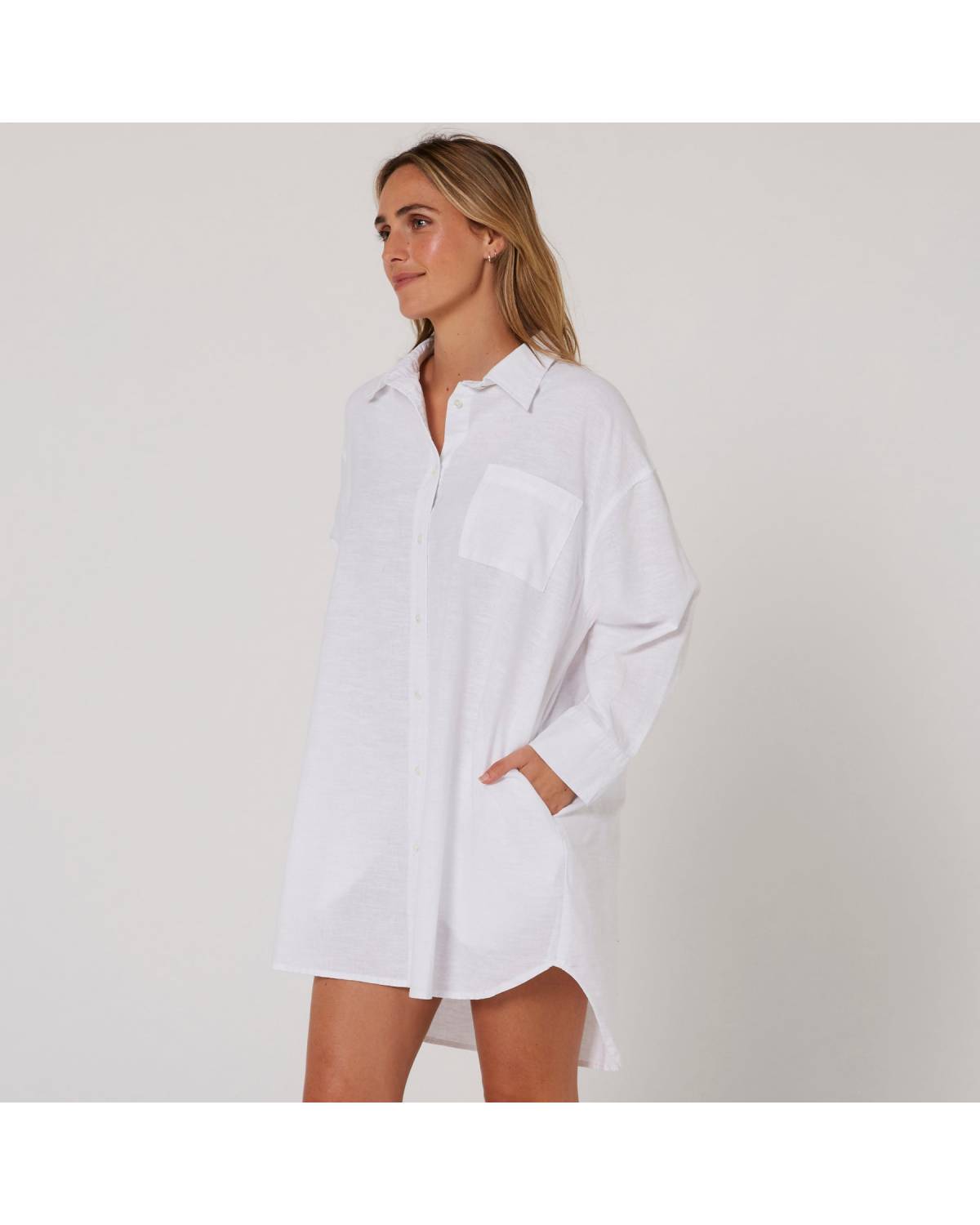 Linen OS LS Shirt Dress - White