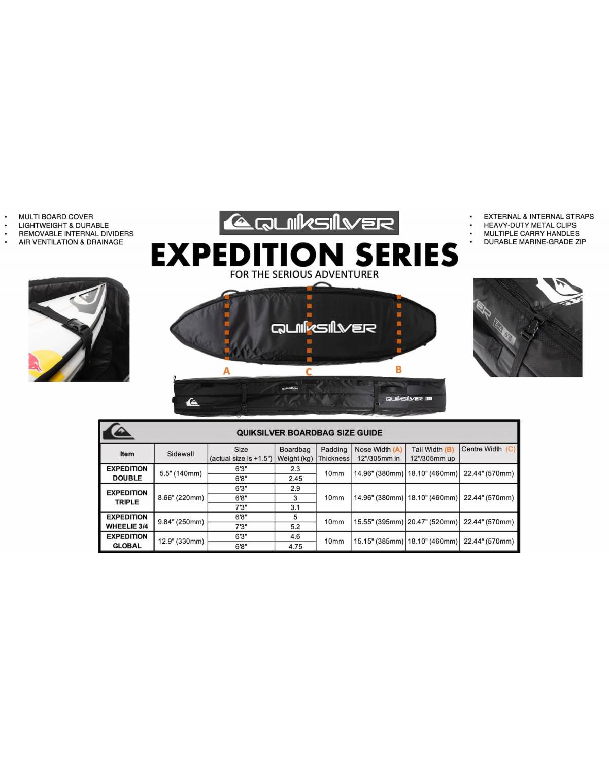 Quiksilver Expedition Boardbag Size Guide