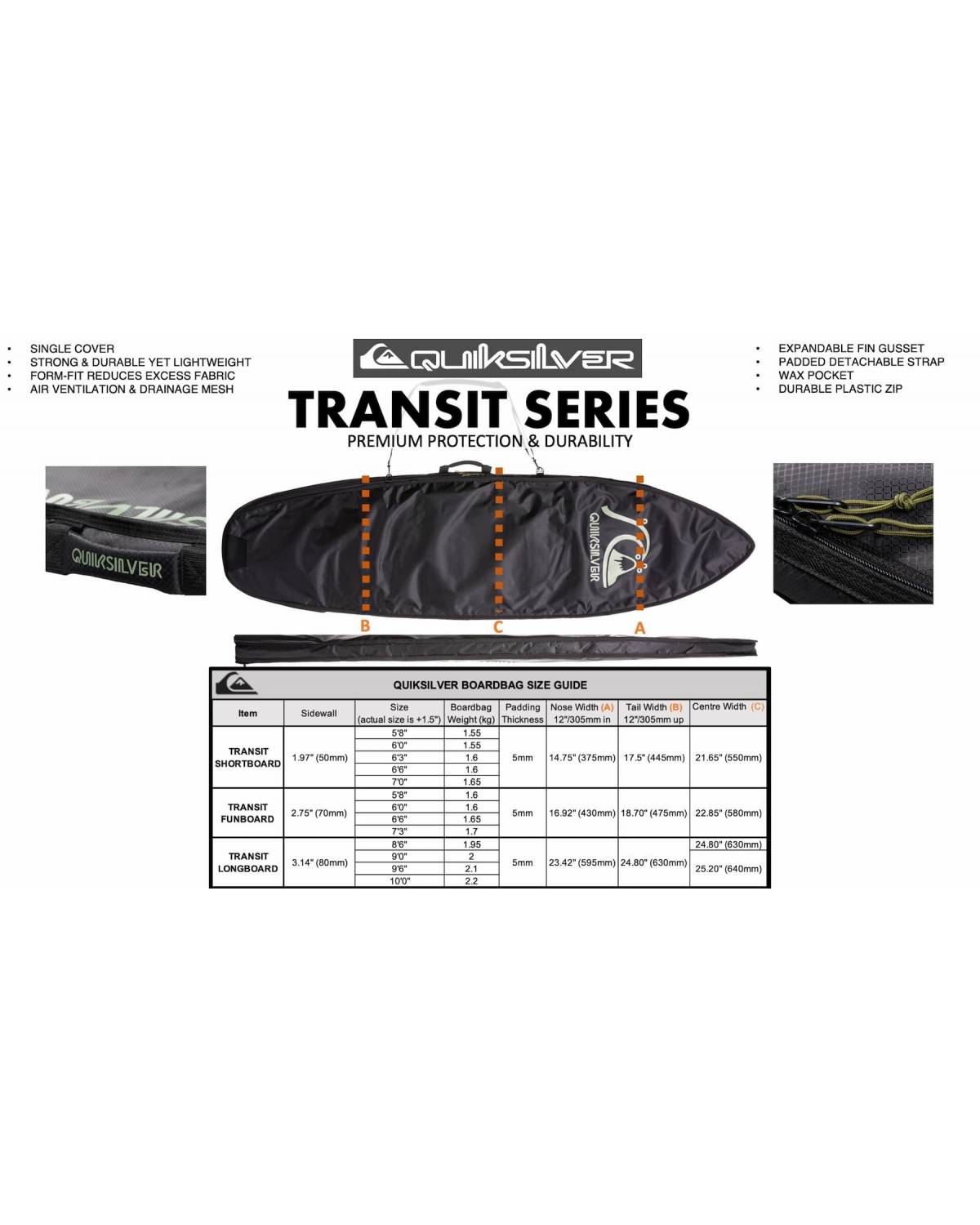 Quiksilver Transit Boardbag Size Guide