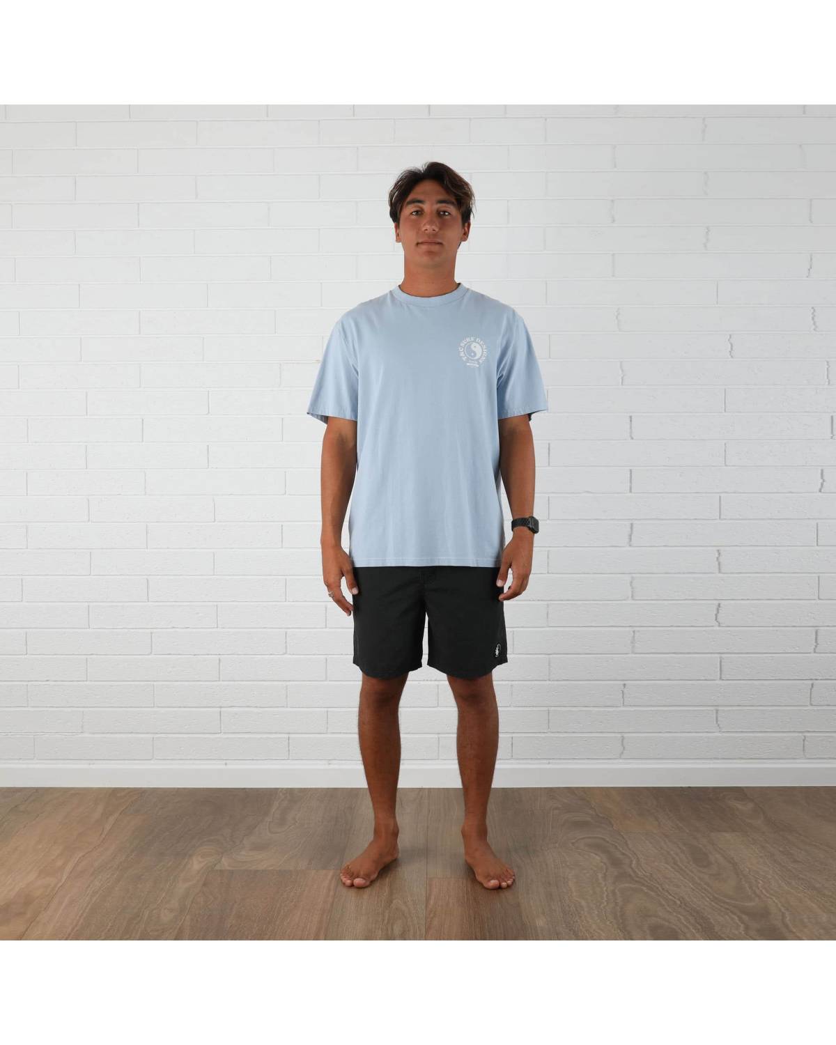 T&C Sunset Tee - Light Blue front when worn