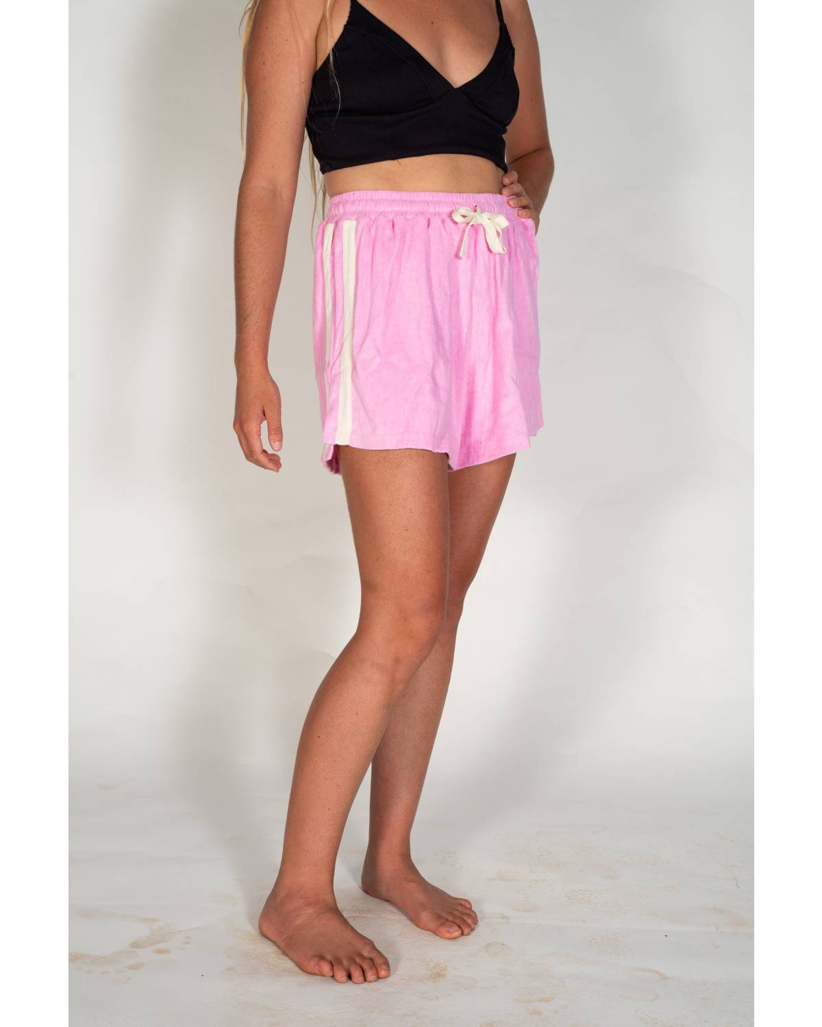 Back view of pink terry shorts