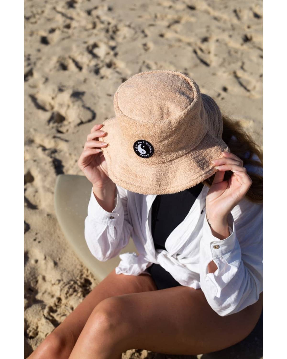 Town & Country Terry Beach Hat - Sand woman wearing on beach