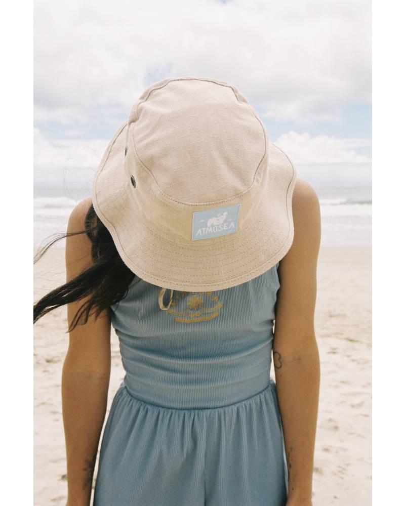 Hemp Bucket Surf Hat on model, top view