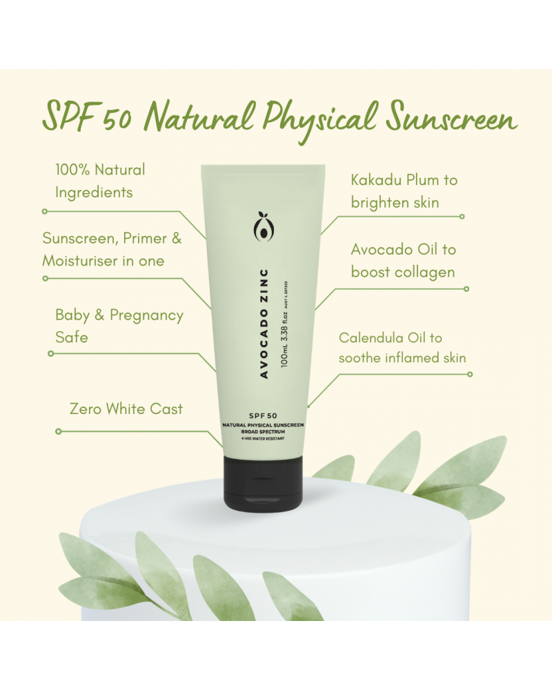 Avocado Zinc SPF 50 Natural Physical Sunscreen features