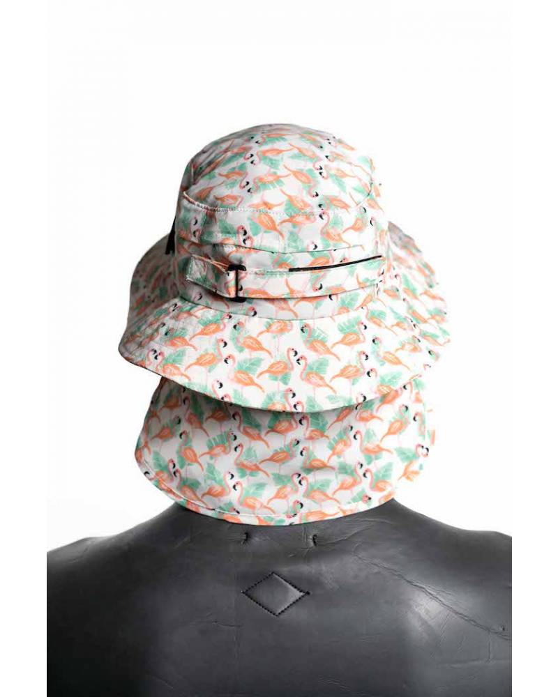 Boardosox Flamingo Surf Hat back on model 